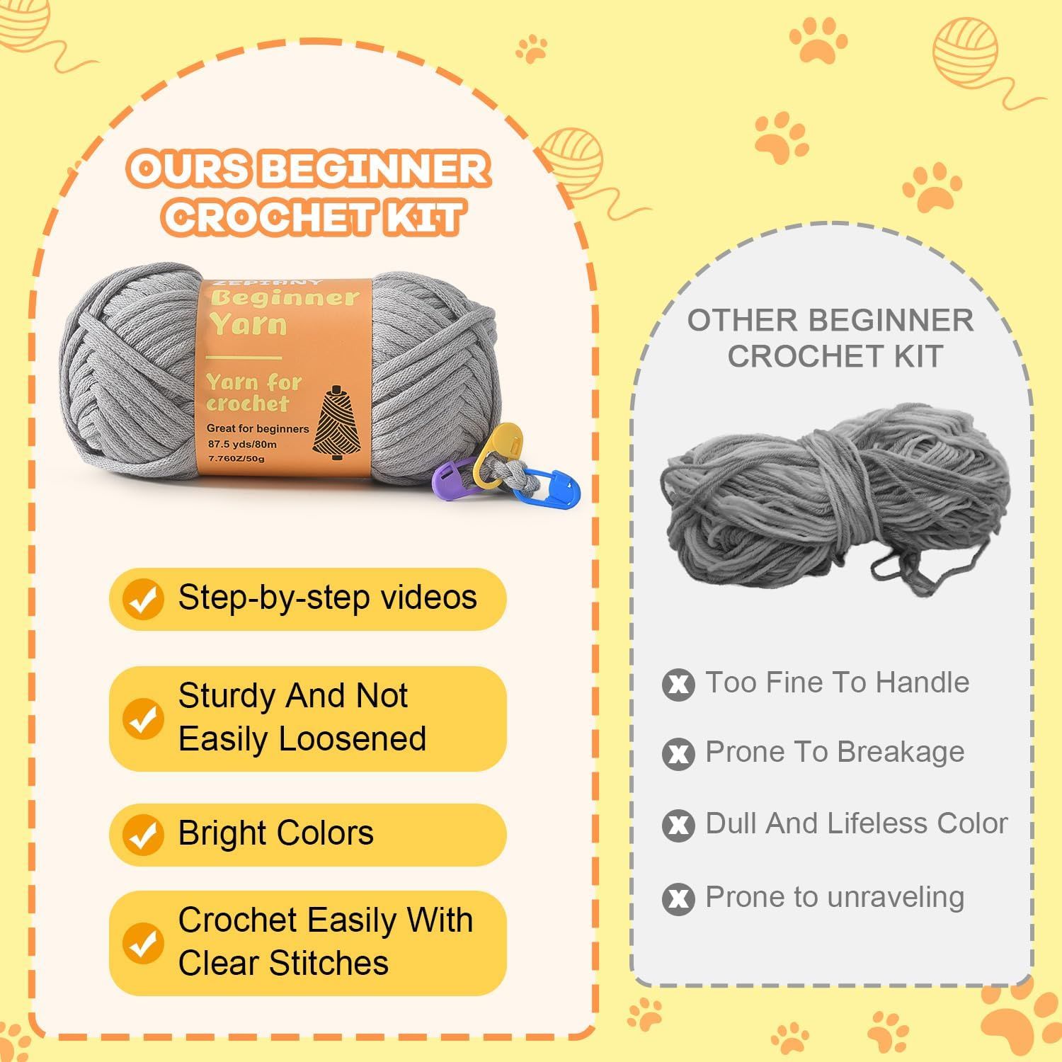 Compares the seller's beginner crochet kit against a competitor's kit by highlighting superior features like step-by-step videos, durability, bright colors, and clear stitches, while showing the…