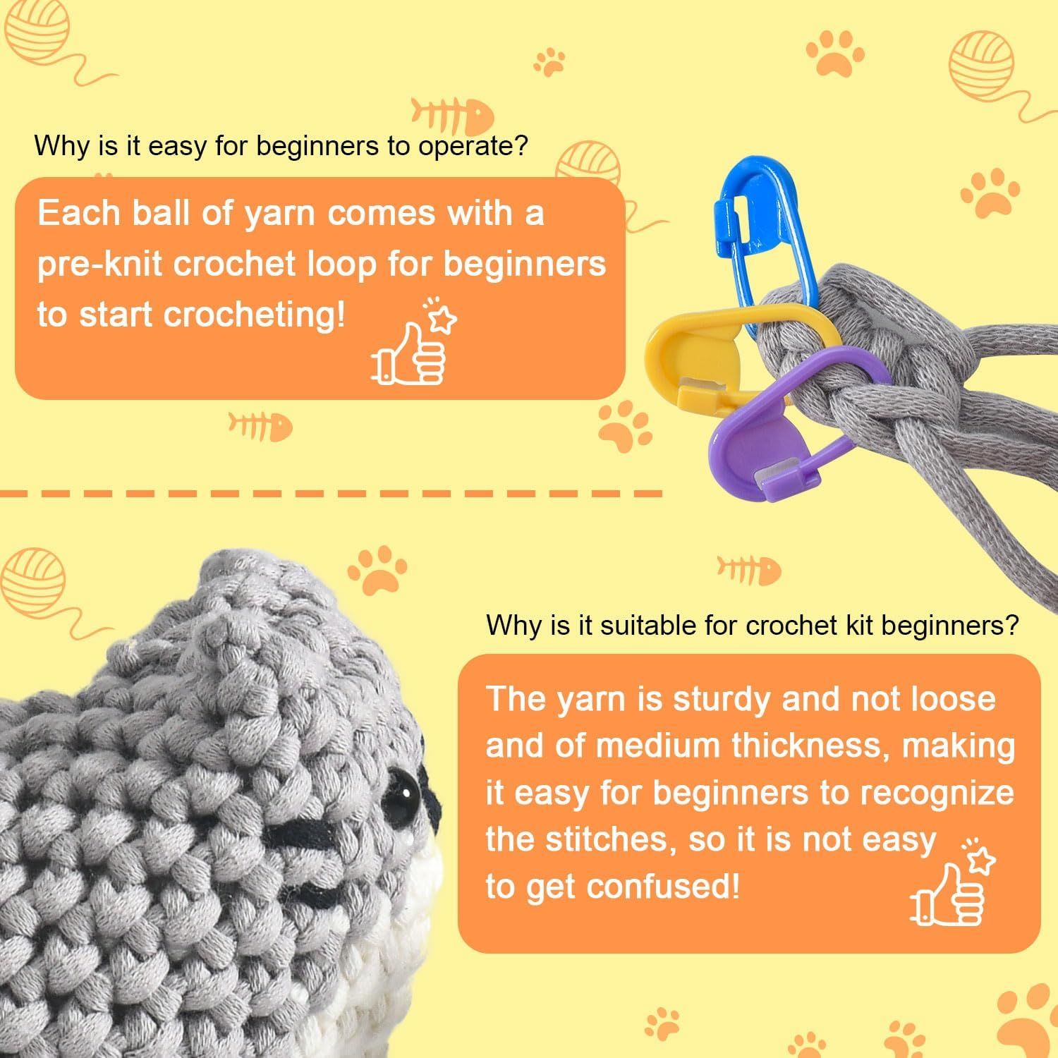 Communicates two key beginner-friendly features: the pre-knit loop that makes starting easy and the yarn quality that helps beginners recognize stitches without confusion.