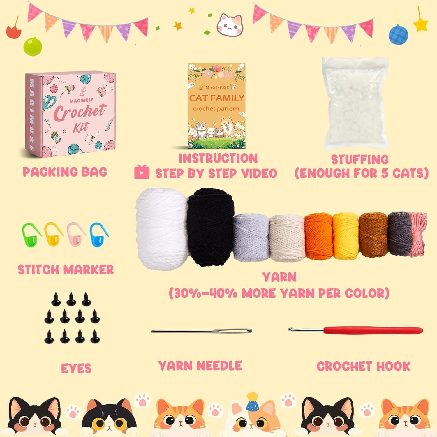 Shows all items included in the crochet kit purchase, including yarn, tools, instructions, and materials, so shoppers know exactly what they will receive.