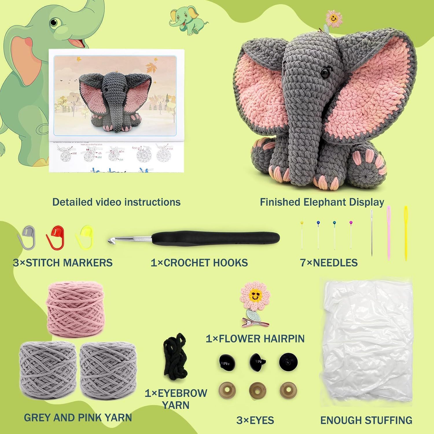 Shows all materials and tools included in the crochet elephant kit to help shoppers understand exactly what they will receive and that everything needed to complete the project is provided.