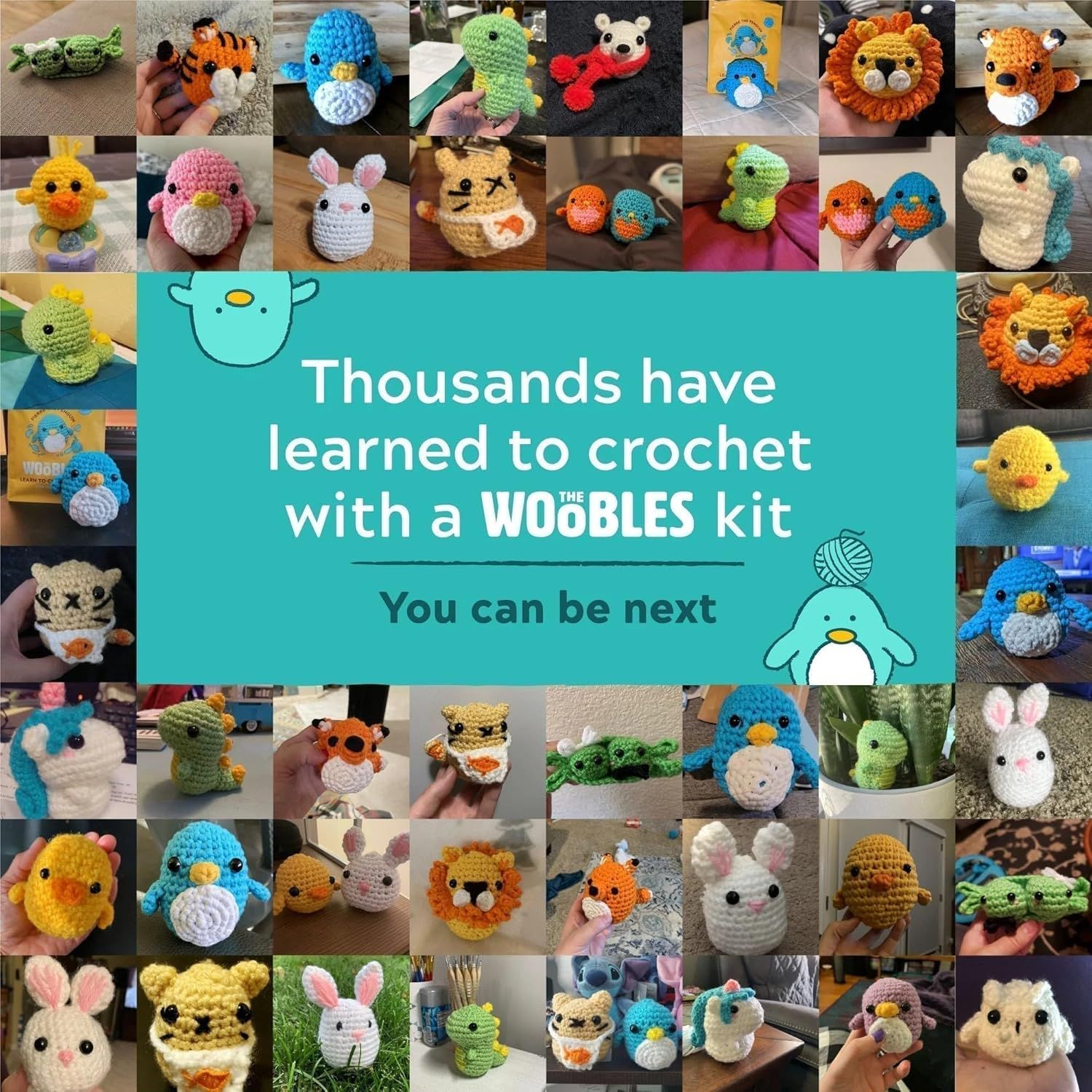This image uses a collage of customer-created crochet projects to build social proof and demonstrate that thousands of real users have successfully learned to crochet with the Woobles kit.