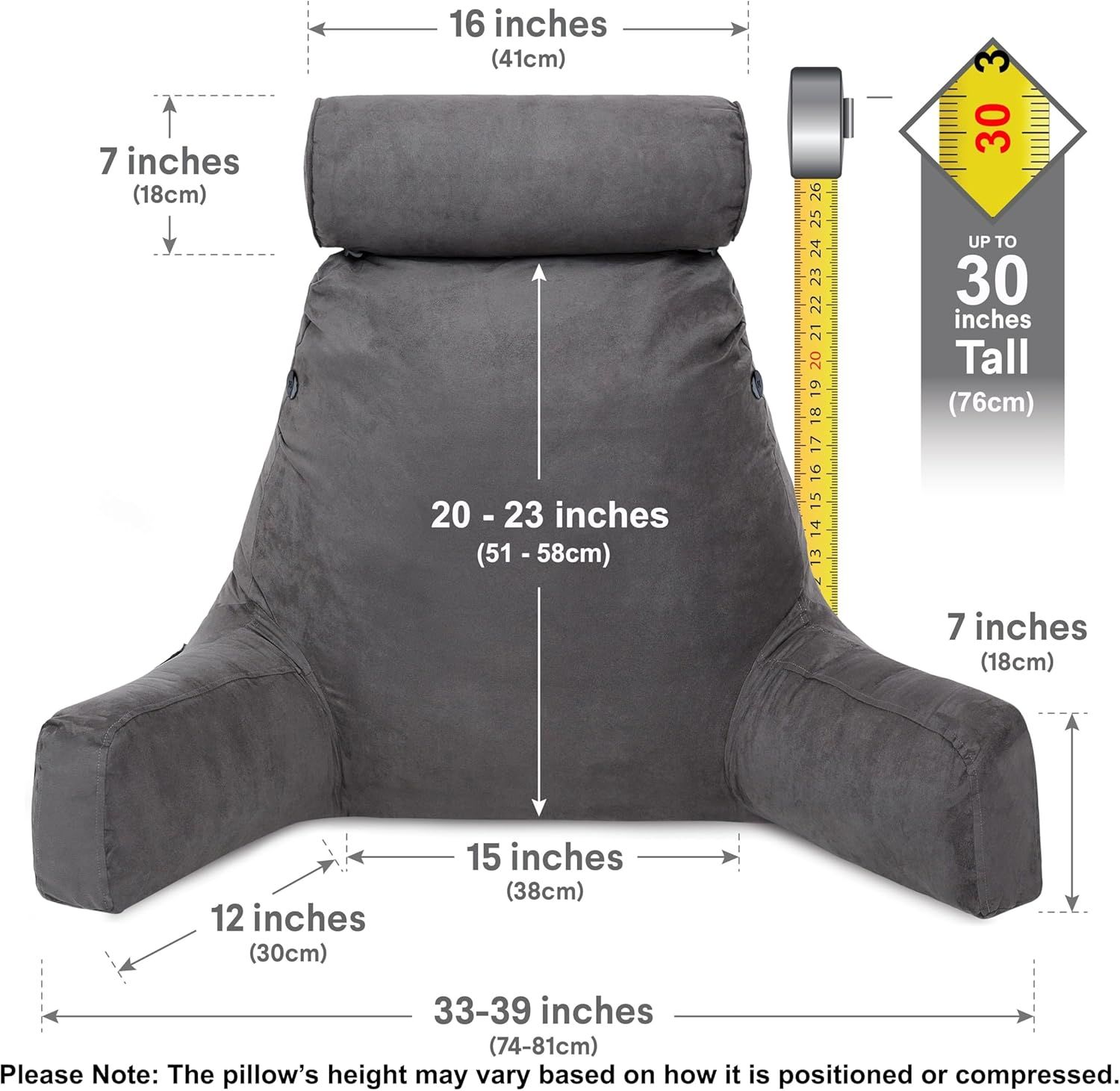 Provides comprehensive measurements of the backrest pillow in both imperial and metric units to help shoppers understand the exact size and ensure it fits their needs.