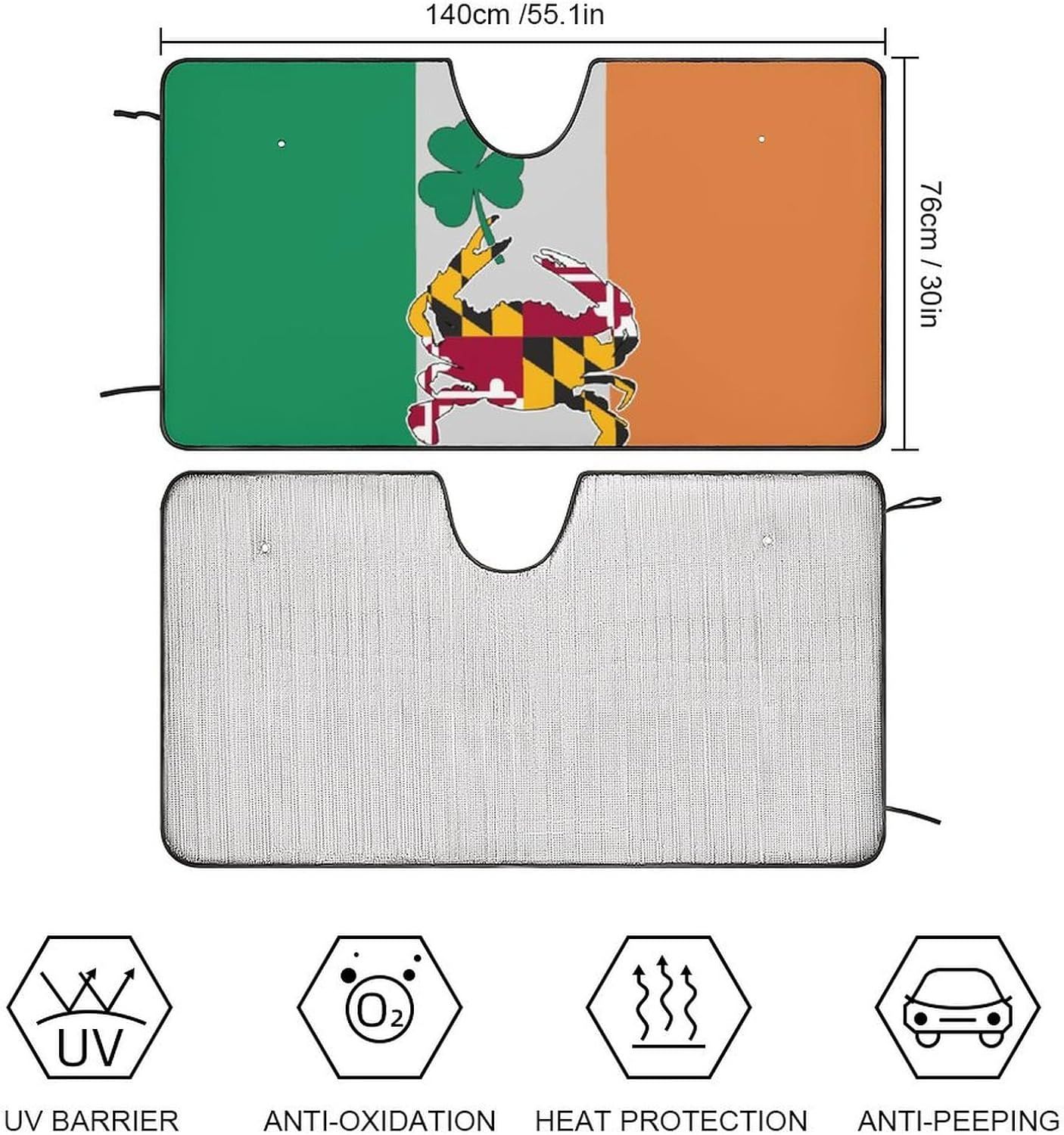 Communicates the exact dimensions of the car sunshade to help shoppers understand if it will fit their vehicle windshield. Showcases multiple protective features of the sunshade including UV…