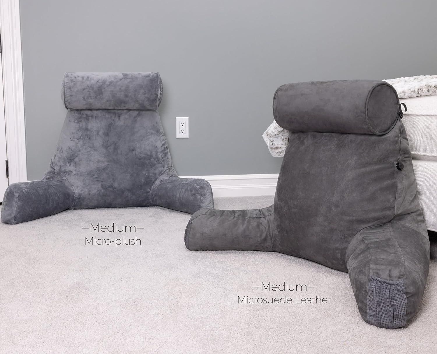 Compares two material options side-by-side to help shoppers understand the visual and textural differences between Micro-plush and Microsuede Leather finishes.