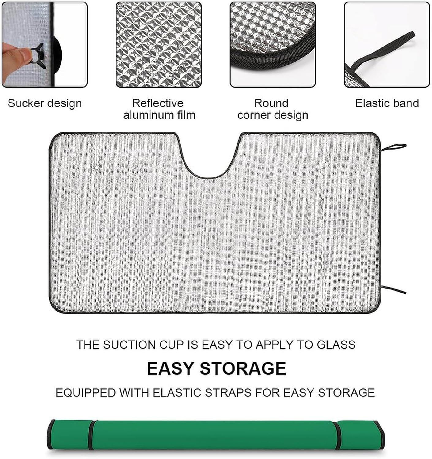 Showcases multiple features of the car sunshade including suction cup attachment, reflective material, rounded corners, elastic band, and easy storage capability to demonstrate the product's…