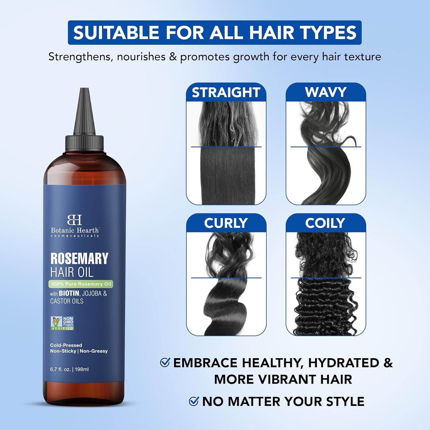 Demonstrates that the rosemary hair oil works effectively across all hair textures including straight, wavy, curly, and coily hair to strengthen, nourish, and promote growth.
