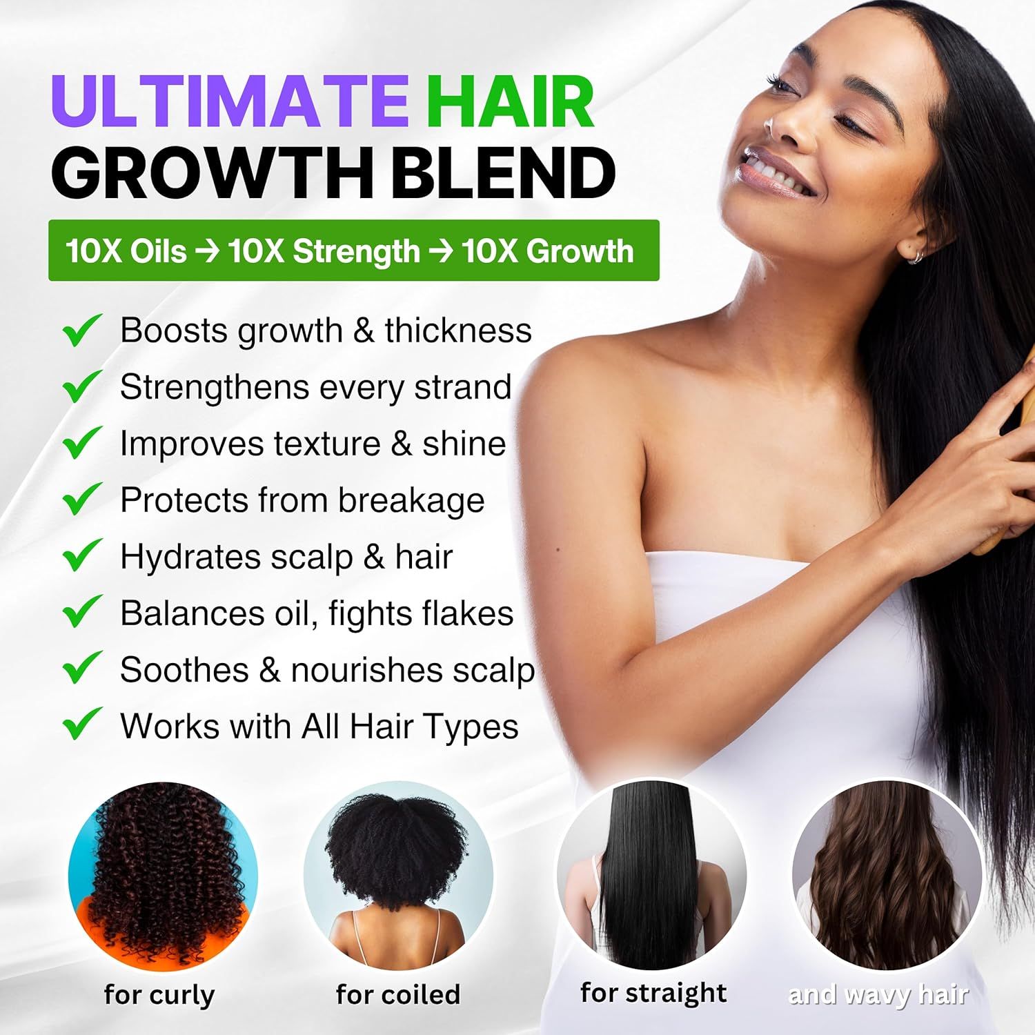 Communicates multiple benefits of the hair growth blend including growth, strength, texture, protection, hydration, and compatibility with all hair types to convince shoppers of the product's…