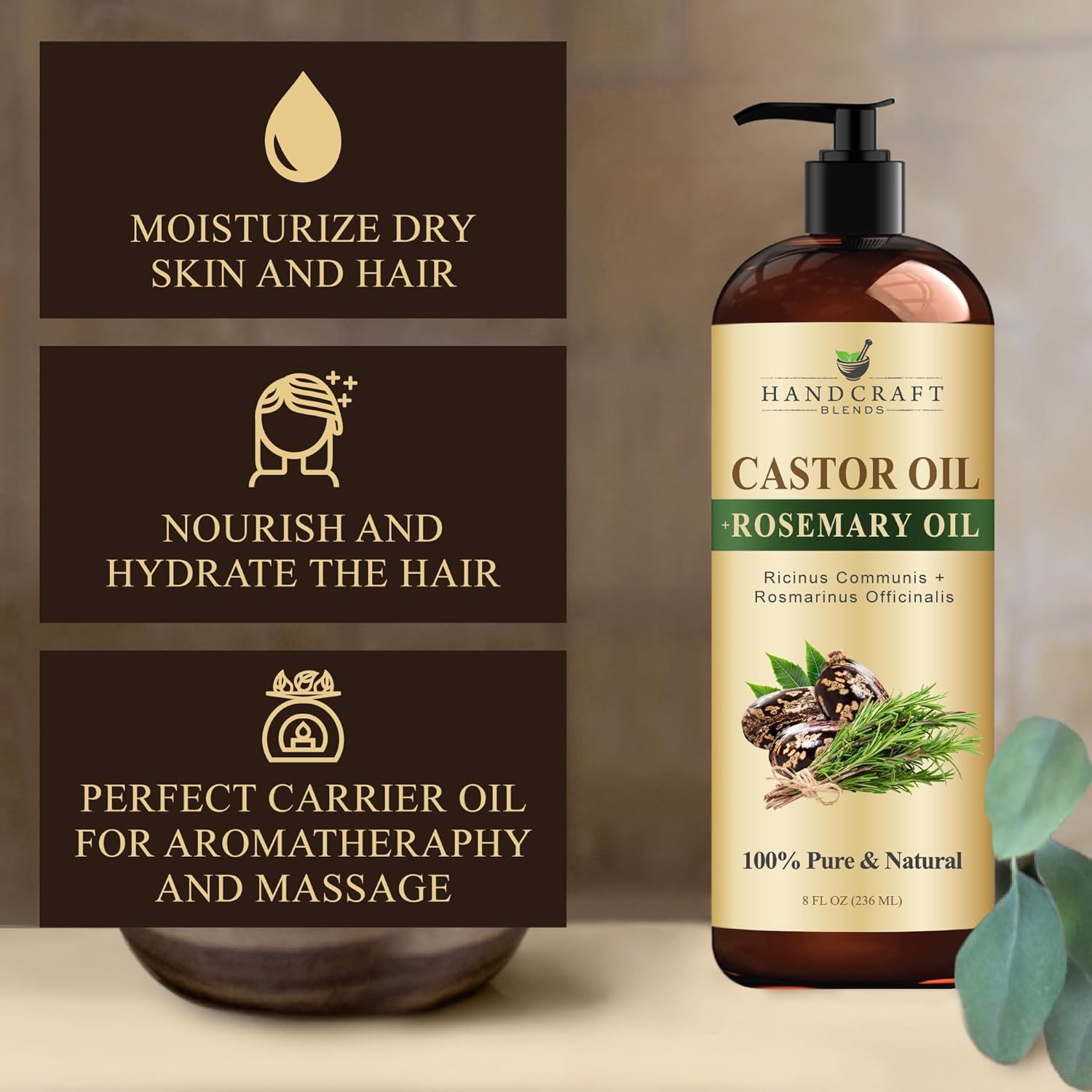 Communicates three distinct benefits of the castor oil product: moisturizing for skin and hair, nourishing and hydrating hair, and serving as a carrier oil…