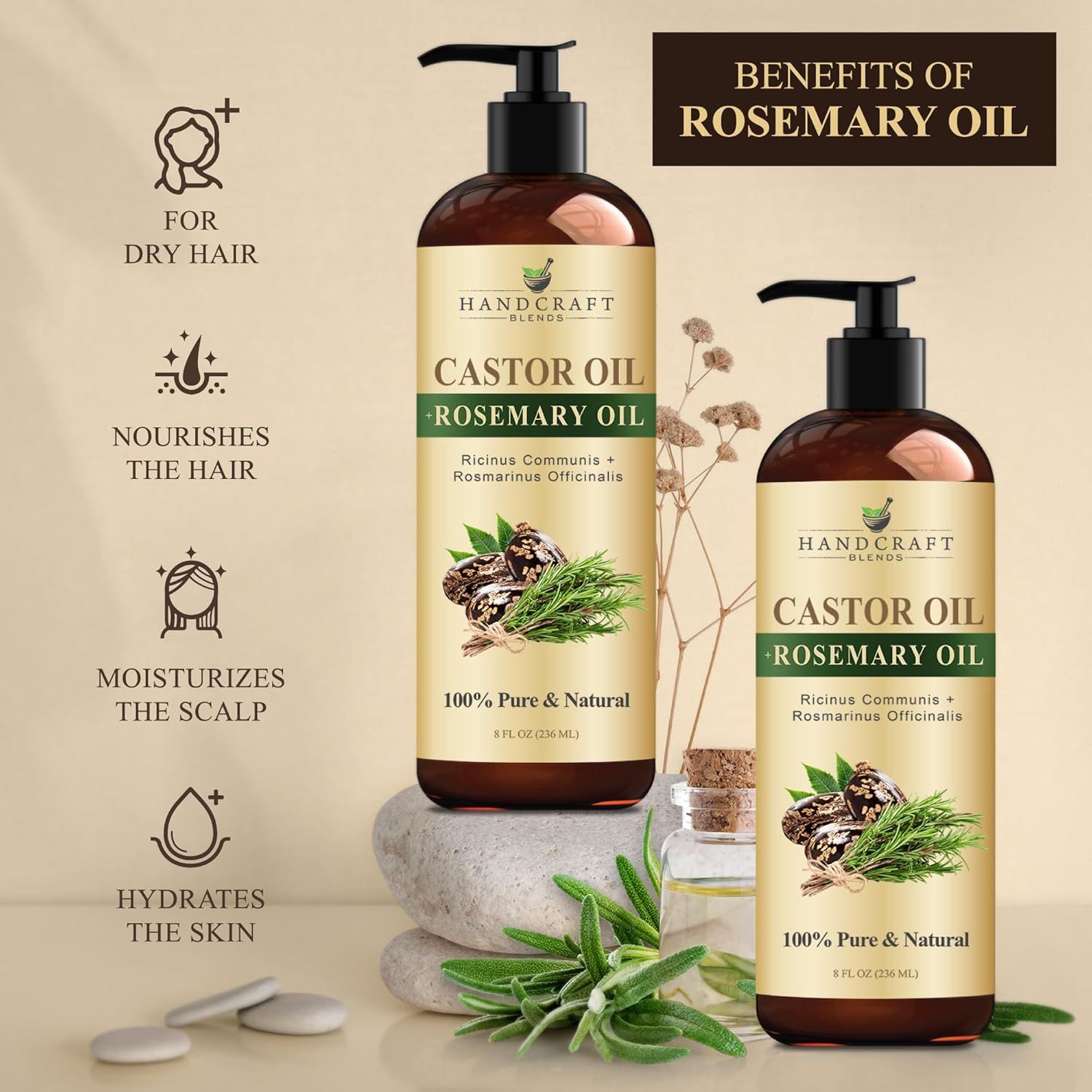 Communicates the multiple benefits of rosemary oil in the product, showing shoppers how it addresses dry hair, nourishes, moisturizes the scalp, and hydrates…