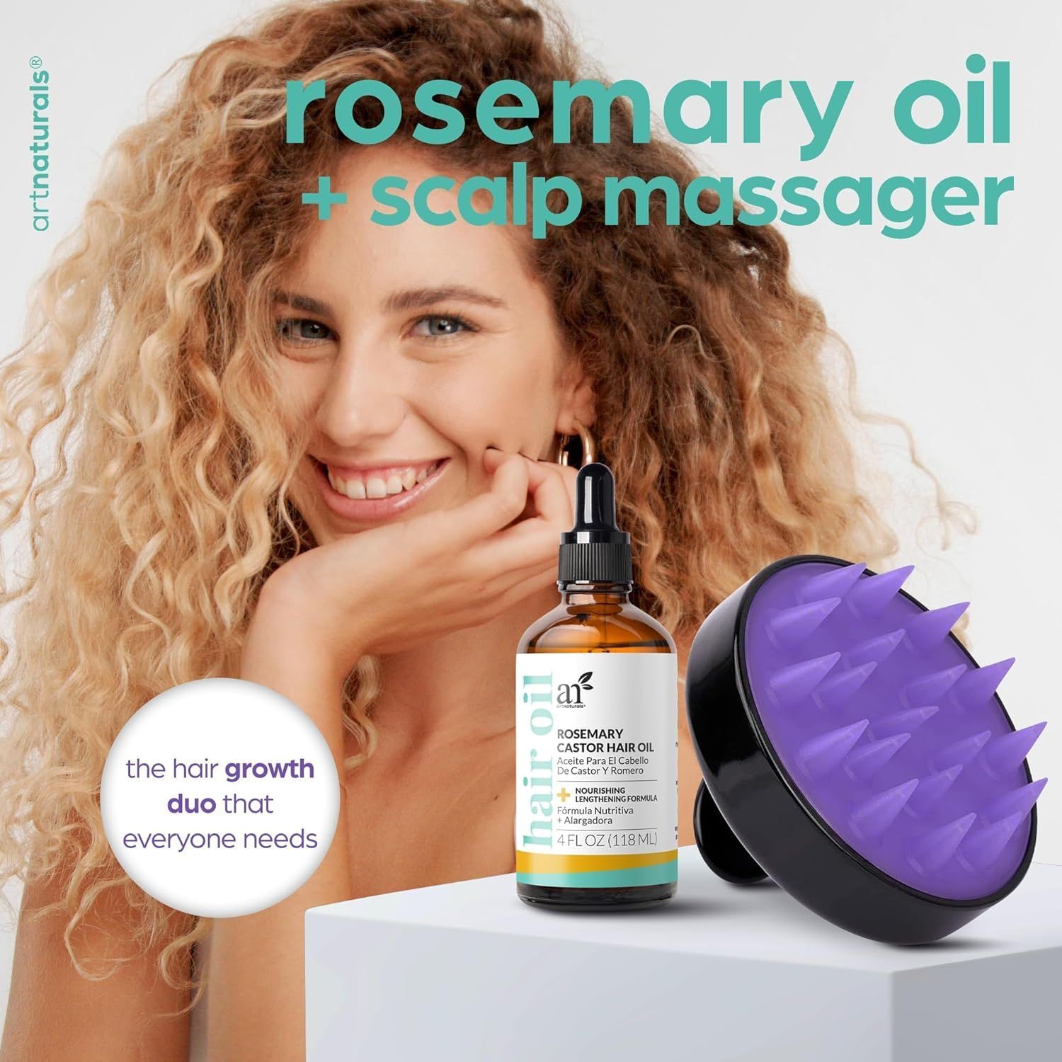 Shows the customer that they receive both the rosemary castor hair oil and a scalp massager tool as part of the hair growth duo kit.
