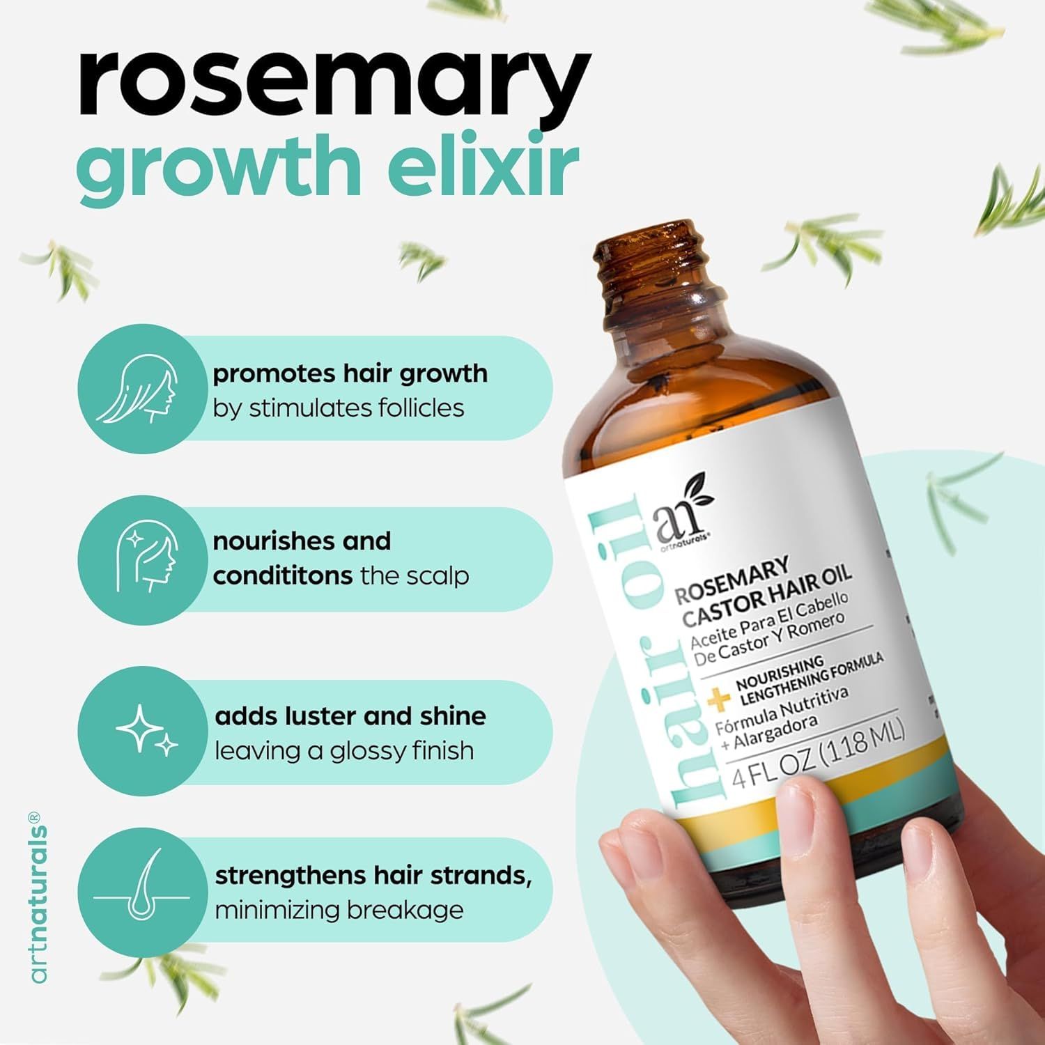 Showcases four distinct benefits of the rosemary hair oil to help shoppers understand the multiple ways this product improves hair health and appearance.
