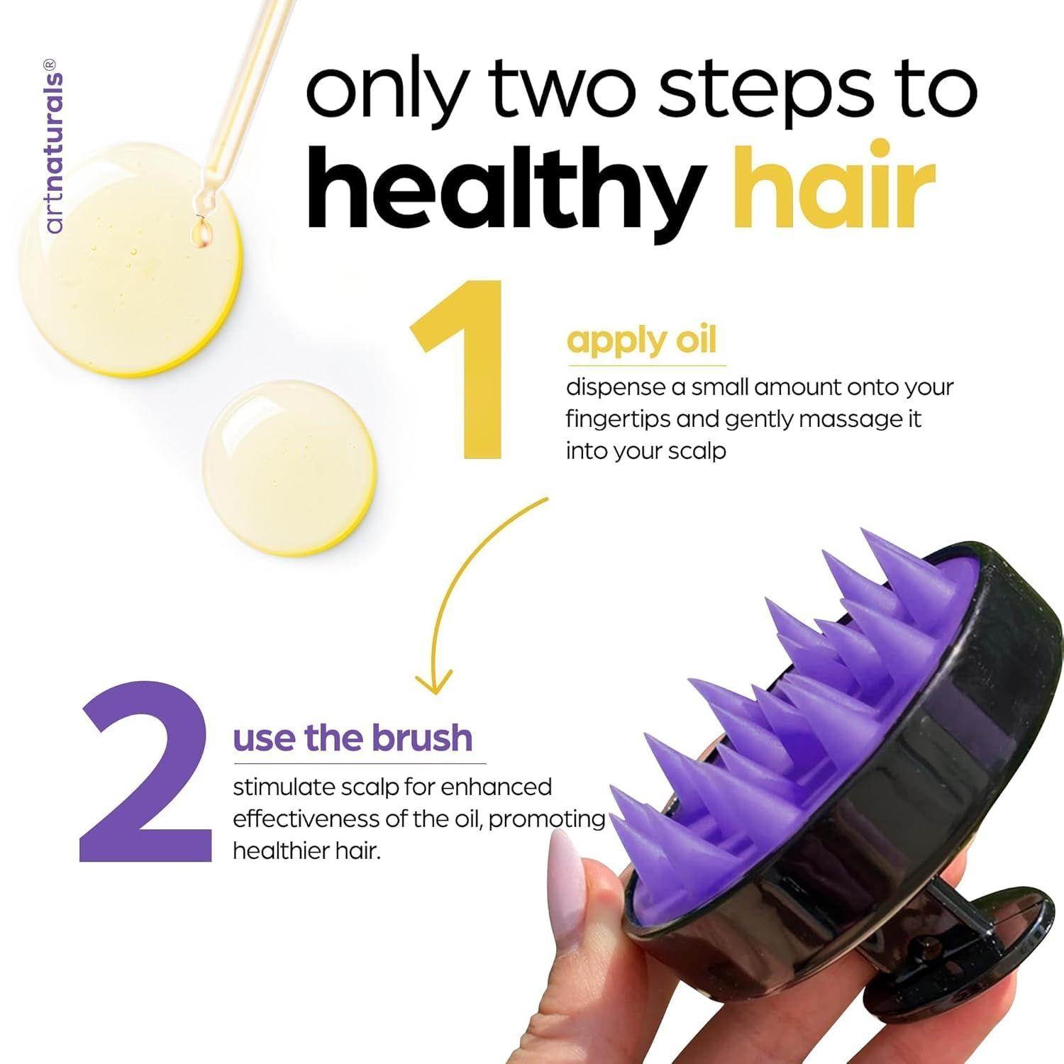 Explains the simple two-step process for using the hair oil and scalp brush to achieve healthy hair, reducing friction and helping customers understand how to use the product effectively.