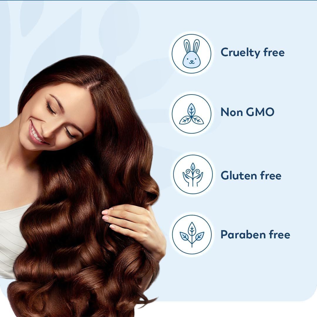Communicates multiple product certifications and ingredient safety claims to reassure shoppers that the haircare product is ethically made and free from…