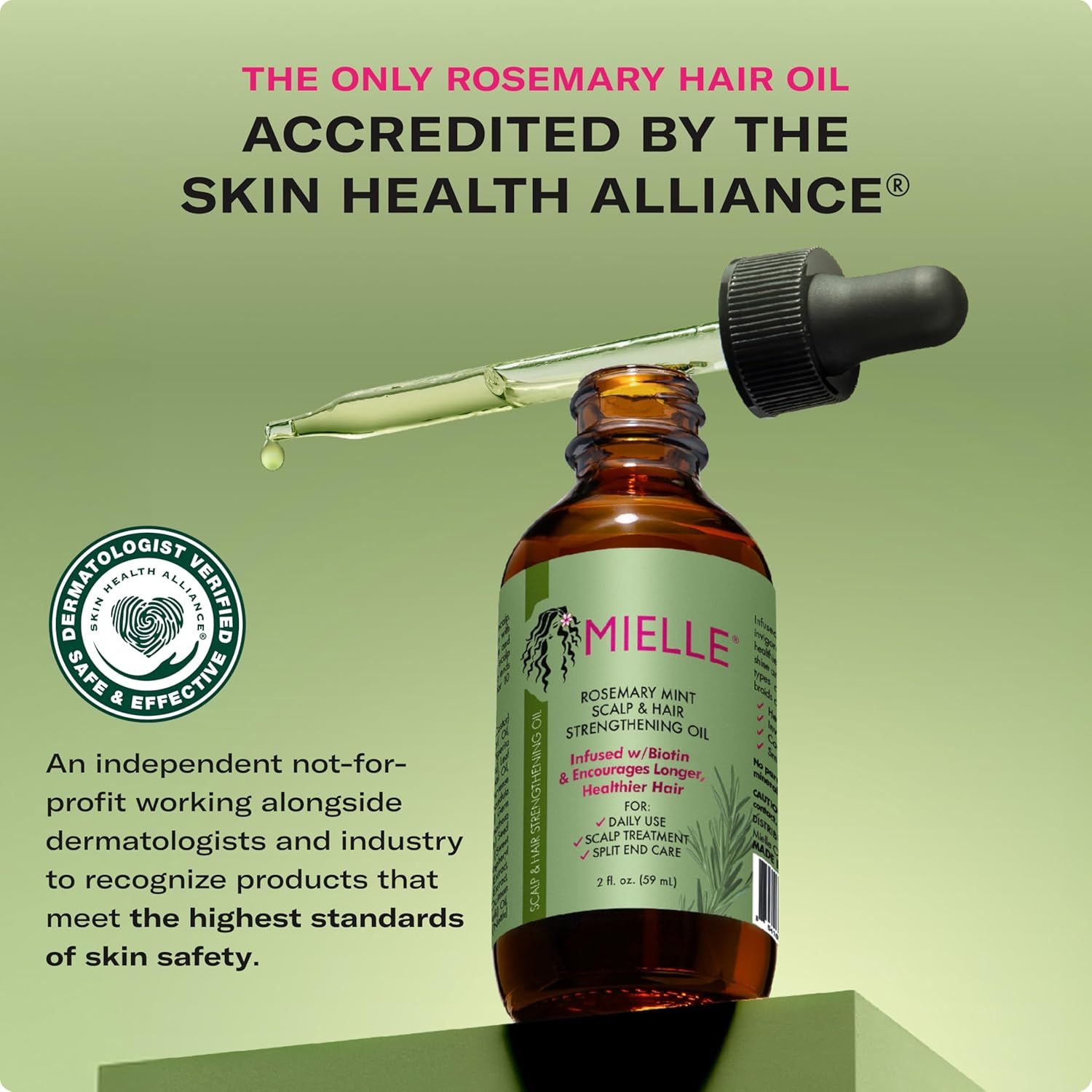 Communicates that the product has been independently tested and accredited by the Skin Health Alliance, reassuring shoppers about its safety and quality standards for skin and scalp use.