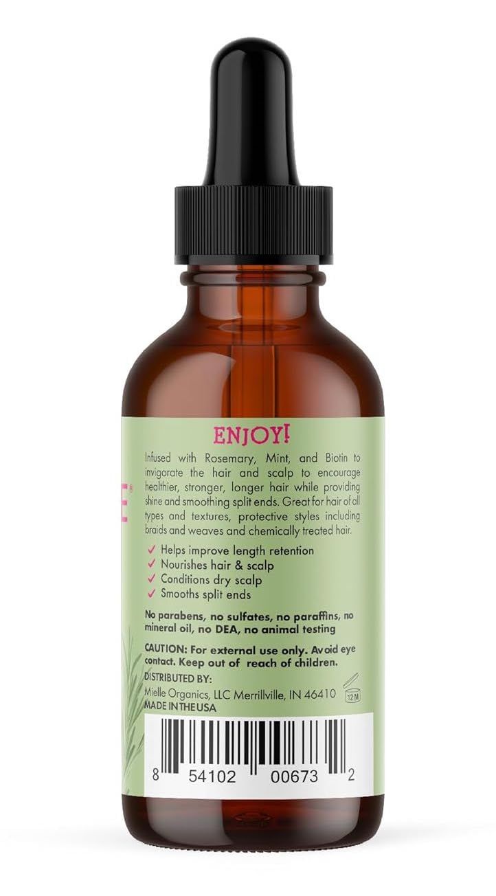 Communicates multiple benefits of the hair product including length retention, nourishment, scalp conditioning, and split end smoothing to help shoppers understand the comprehensive value.