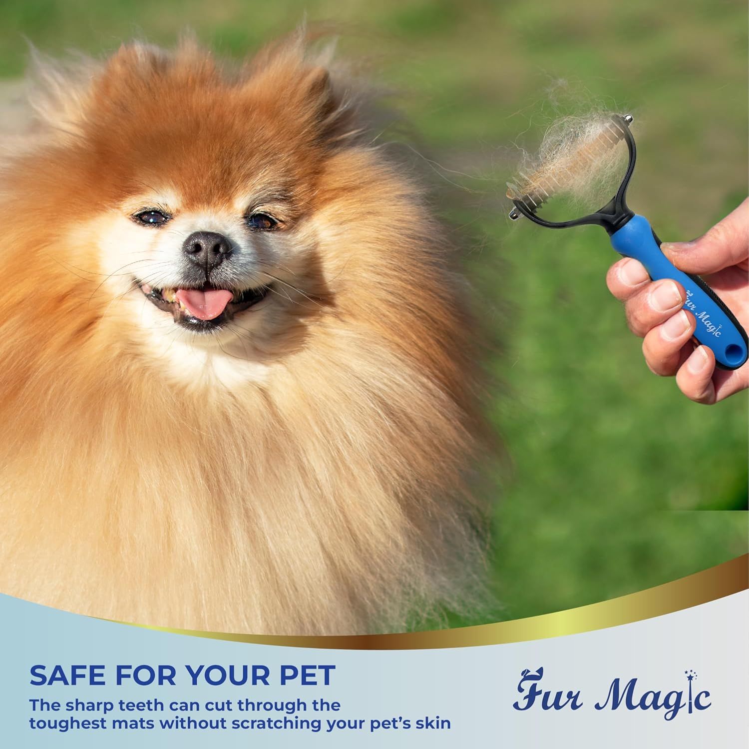 Communicates that the grooming tool is designed with sharp teeth that can cut through tough mats without scratching or harming the pet's skin, reassuring pet owners about safety.