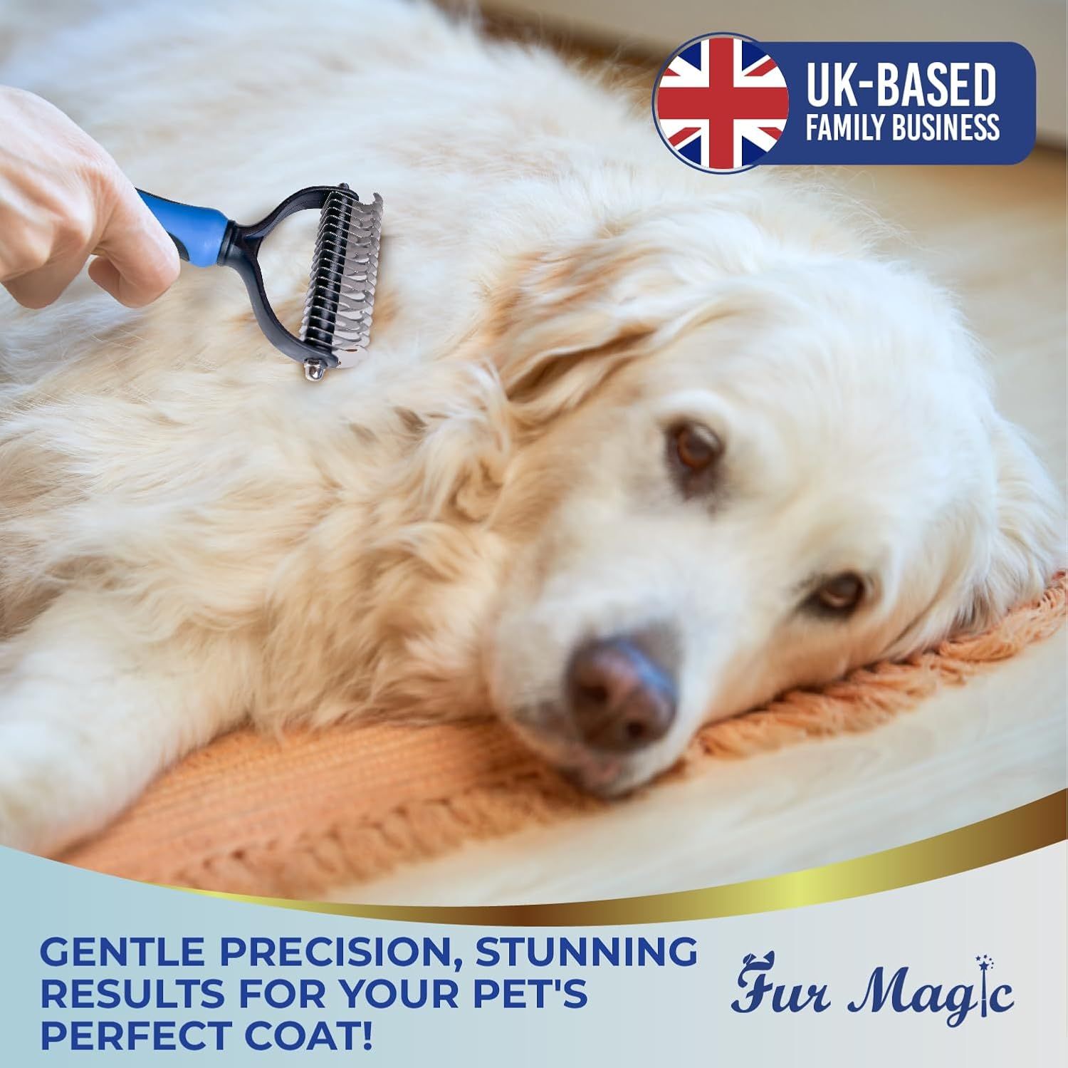 Communicates that the pet grooming tool delivers gentle precision and stunning coat results, reassuring pet owners of quality and care. Reinforces brand identity and trust by highlighting the…