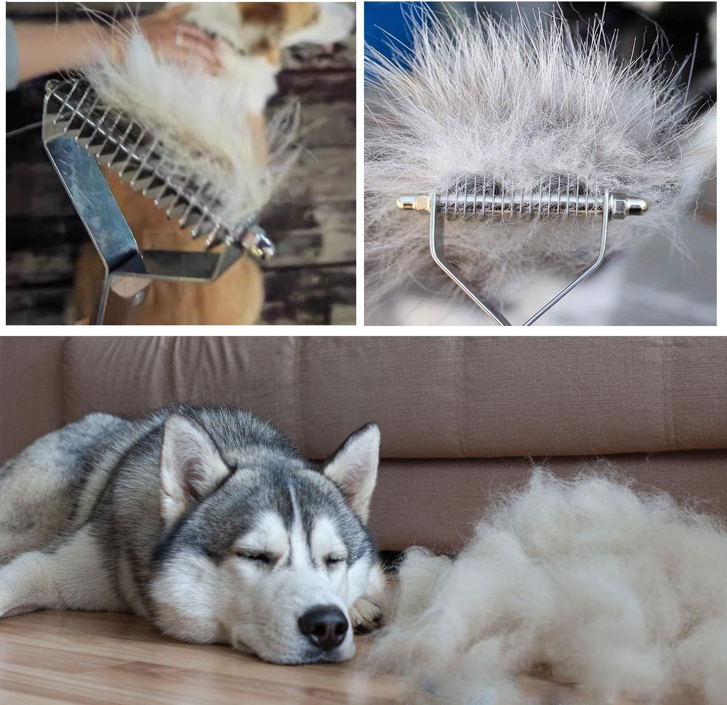 Demonstrates the effectiveness of the grooming tool by showing the large amount of pet hair collected from the dog, proving the product delivers real results for pet owners dealing with shedding.