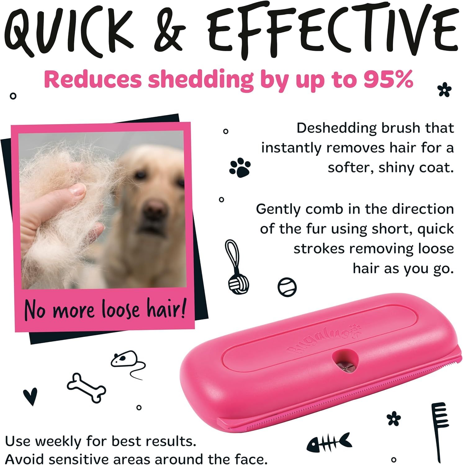 Communicates multiple benefits of the deshedding brush including 95% shedding reduction, instant hair removal for a softer coat, and proper usage technique to convince pet owners of the product's…