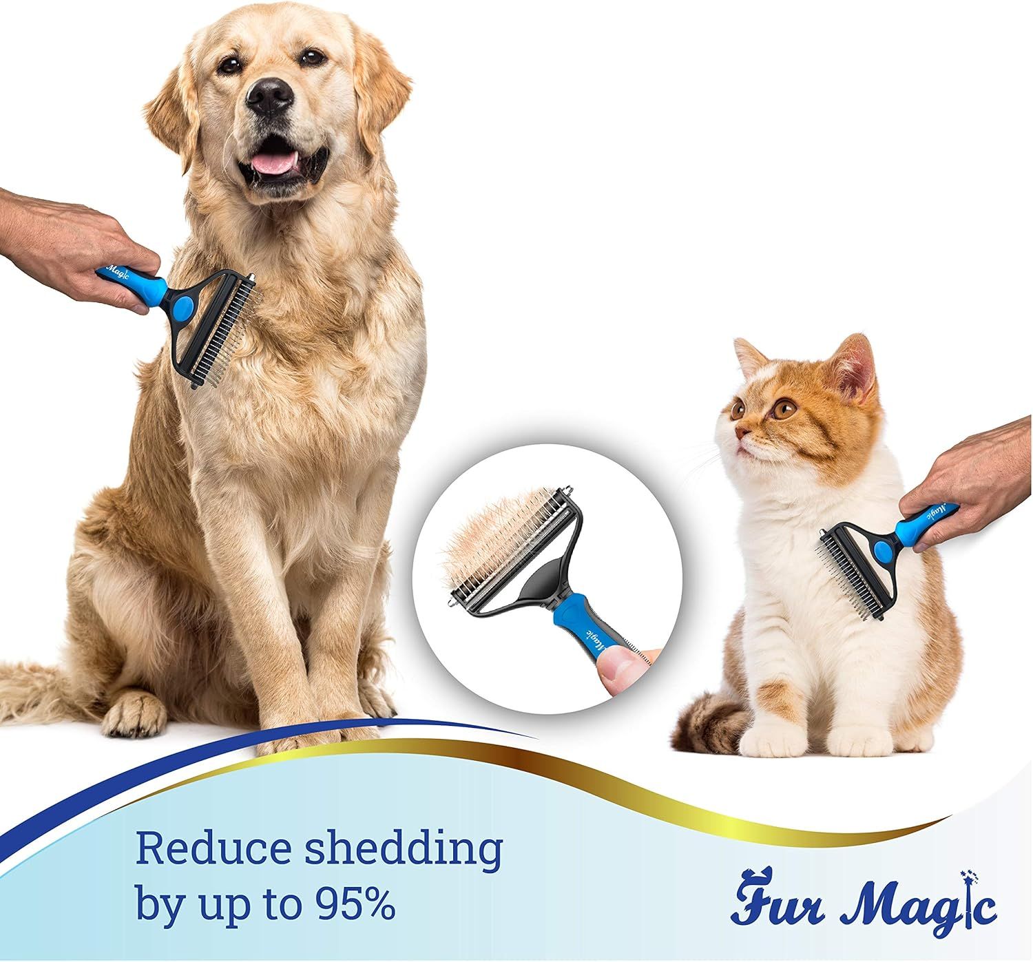 Communicates a quantifiable benefit to reassure shoppers that the grooming tool is highly effective at reducing pet shedding. Demonstrates the versatility of the grooming tool by showing it can be…