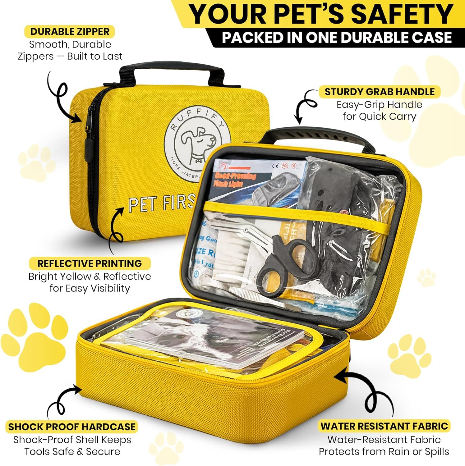 Showcases multiple features of the pet first aid kit case including durability, portability, visibility, protection, and water resistance to demonstrate comprehensive safety and convenience for pet…