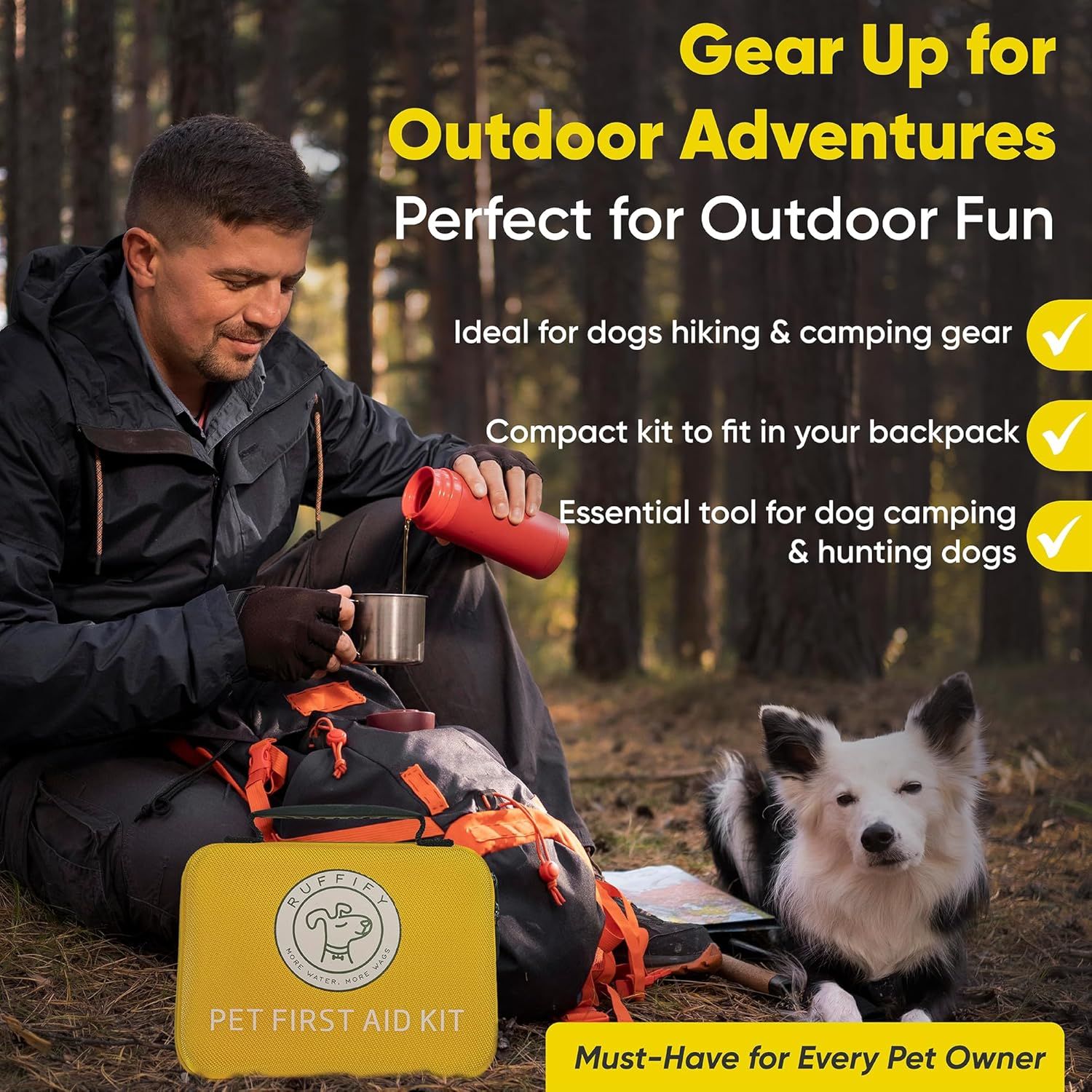 Demonstrates the versatility of the pet first aid kit for outdoor activities like hiking, camping, and hunting with dogs, showing it as an essential companion for pet owners on adventures.