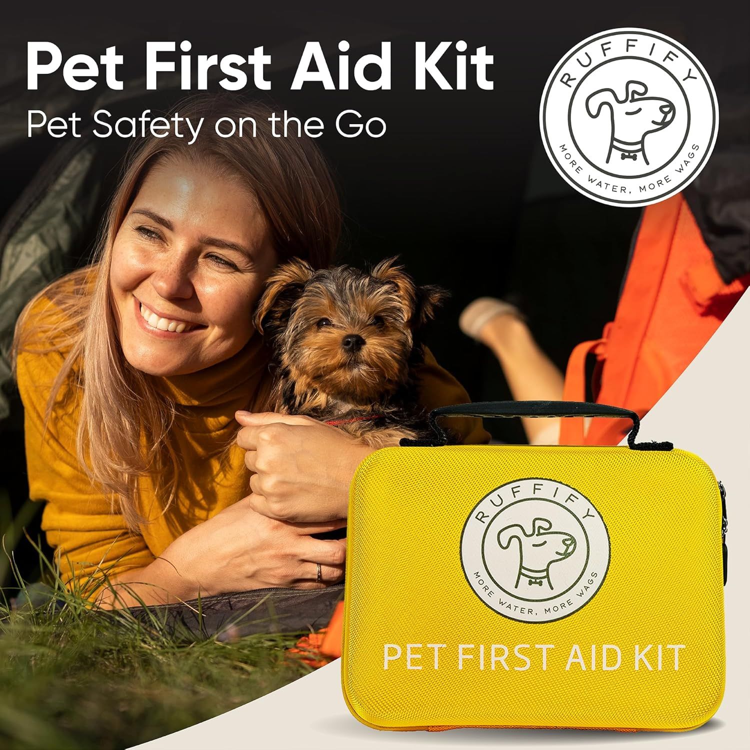 Demonstrates the use case of the pet first aid kit for outdoor activities and travel with pets, showing its portability and relevance for pet owners on the go.