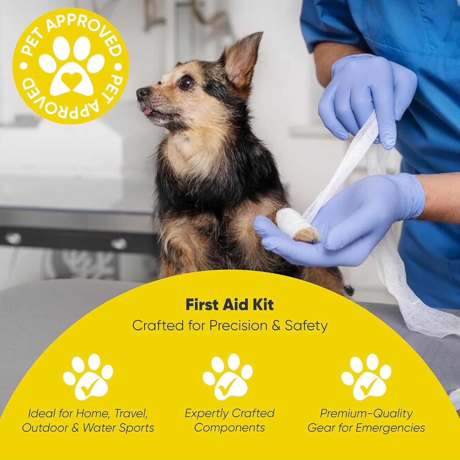 Demonstrates the versatility of the pet first aid kit by showing multiple use cases where it can be applied, reassuring shoppers it works in various environments and situations. Highlights three key…