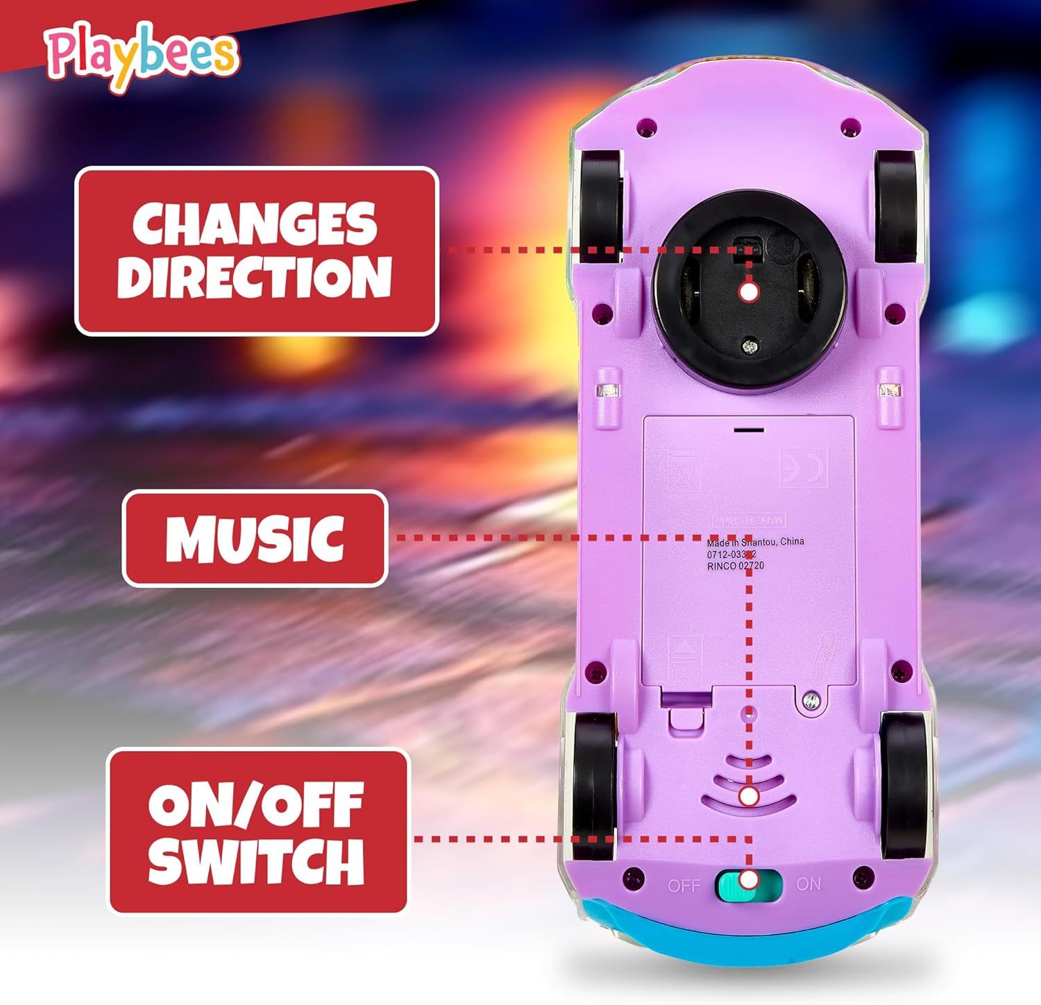 This image breaks down the key functional components of the toy car by highlighting the direction-changing mechanism, music feature, and power switch to help shoppers understand how the product…