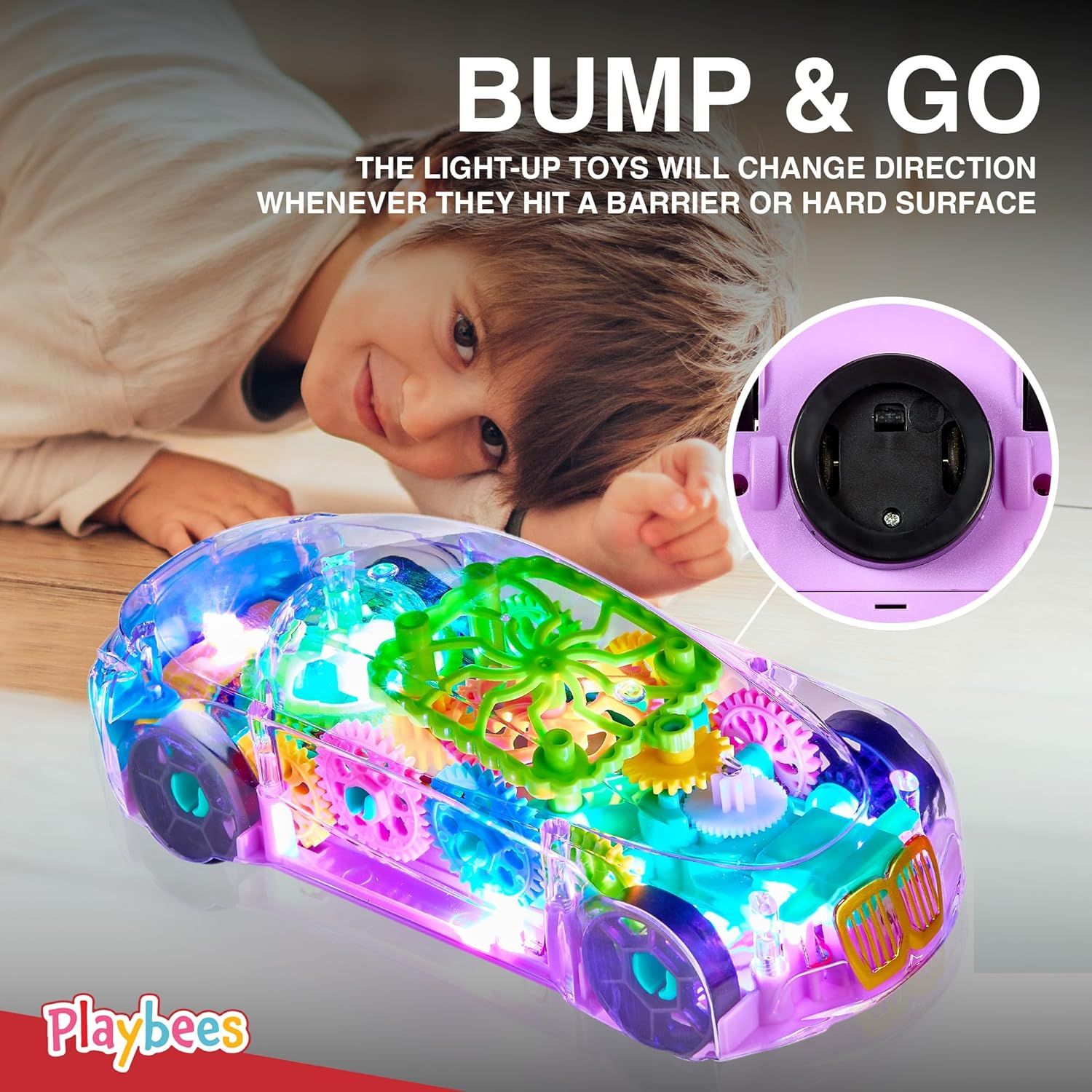 Communicates that the light-up toy car automatically changes direction when it hits barriers or hard surfaces, making it easy and fun for kids to play with.