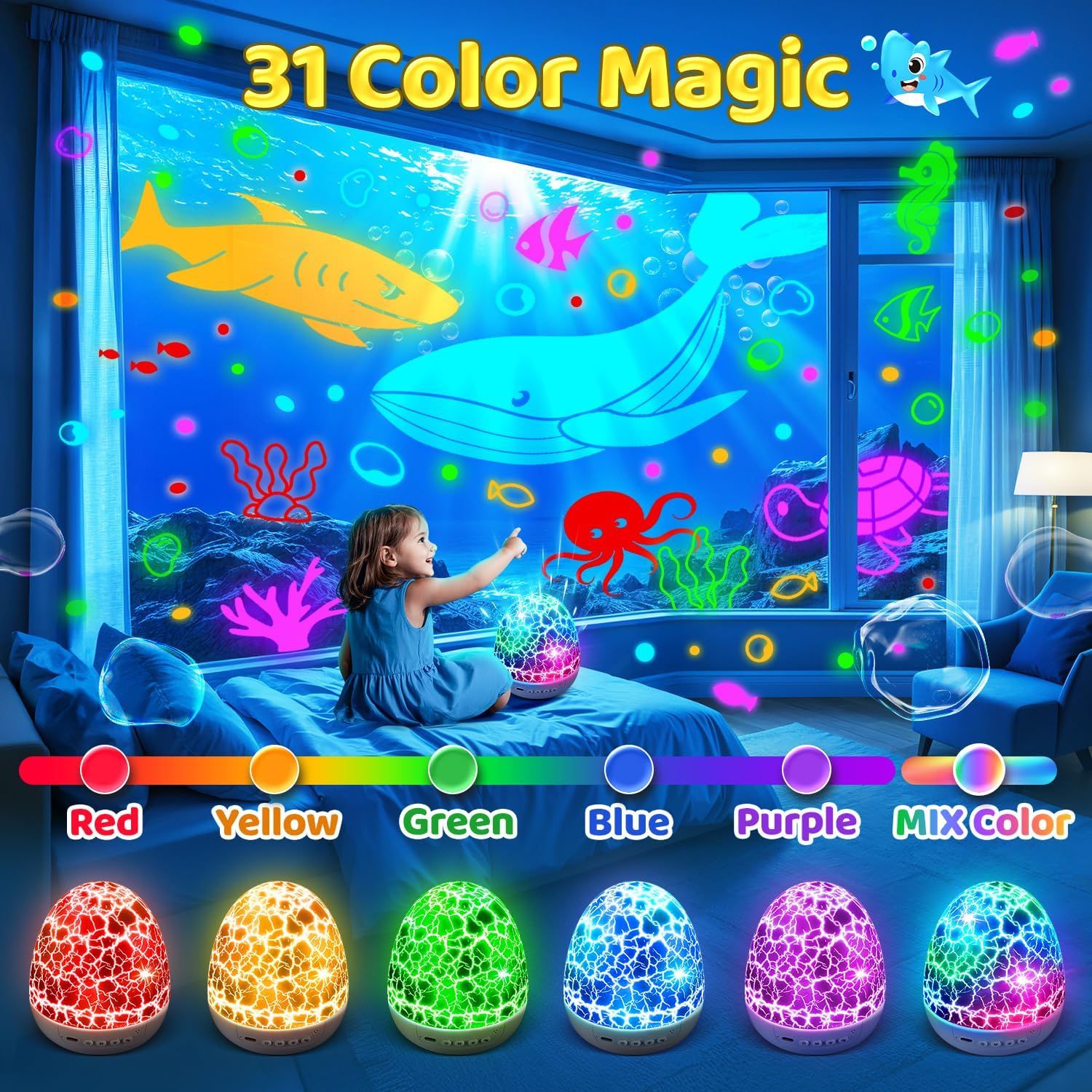 Demonstrates how the product creates an immersive ocean-themed projection environment in a child's room and showcases the variety of color options available.…