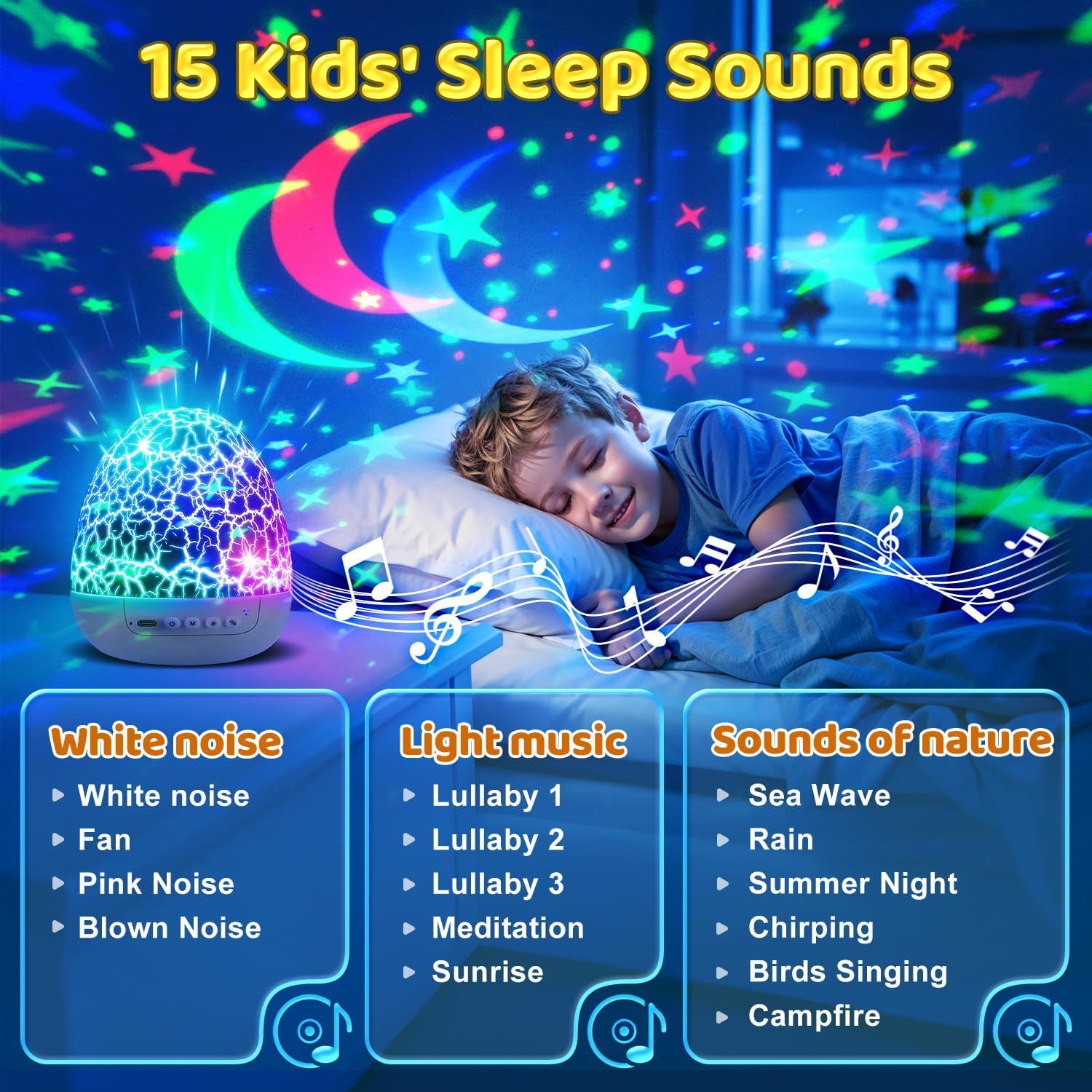 Showcases multiple features of the sleep sound machine including 15 different sound options across three categories (white noise, light music, nature sounds)…