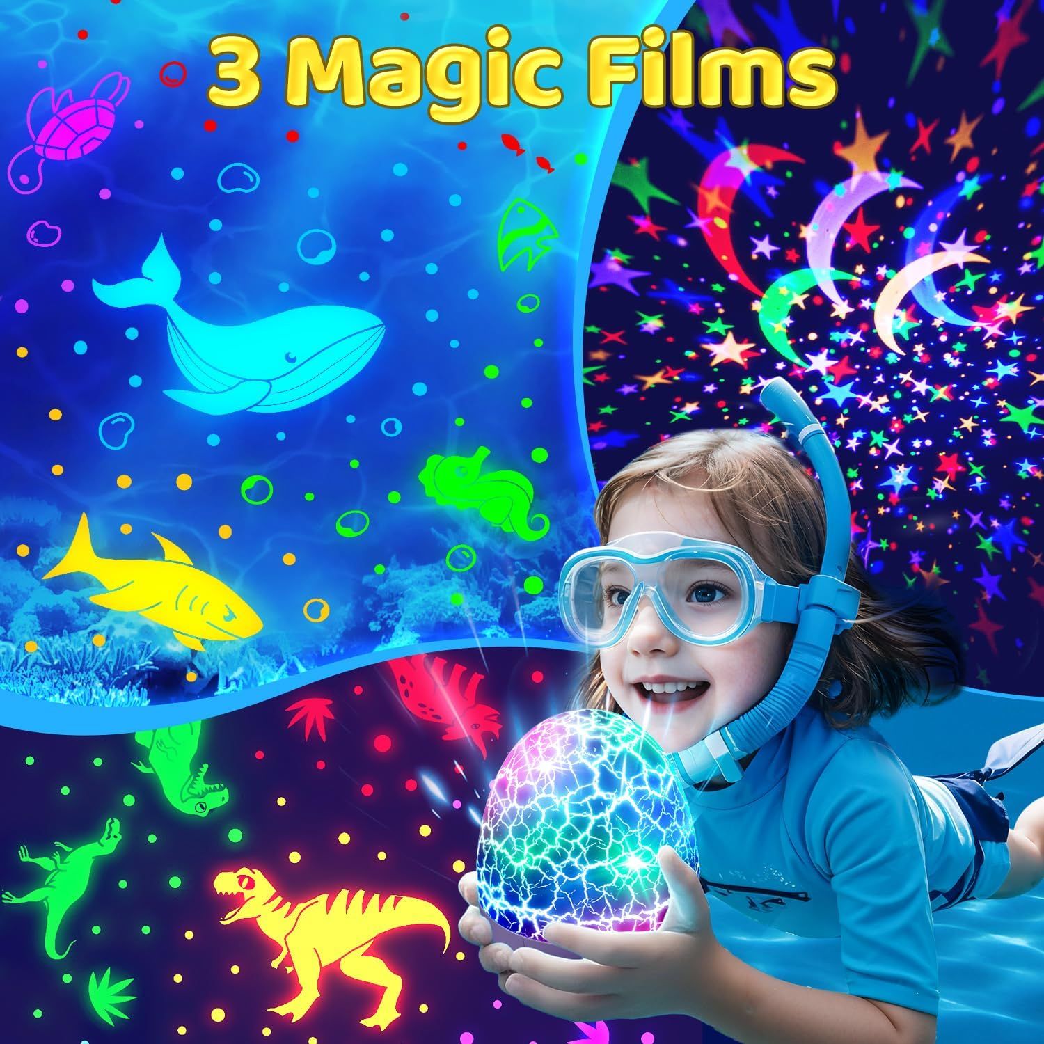 Demonstrates the product's versatility by showcasing three different projection themes (underwater ocean, space stars, and dinosaur) that can be used to…
