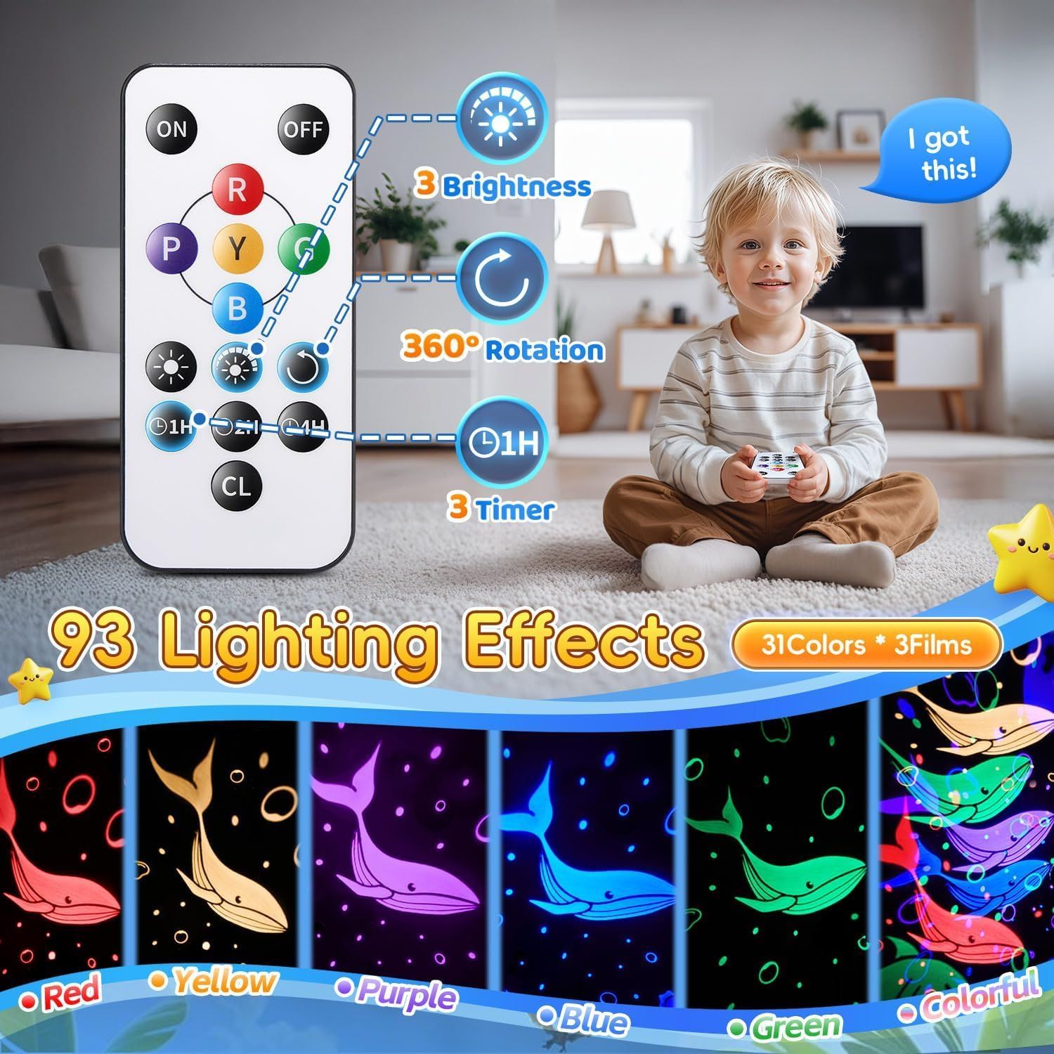 Showcases multiple features of the product including brightness control, rotation capability, timer settings, and extensive lighting effects to demonstrate…
