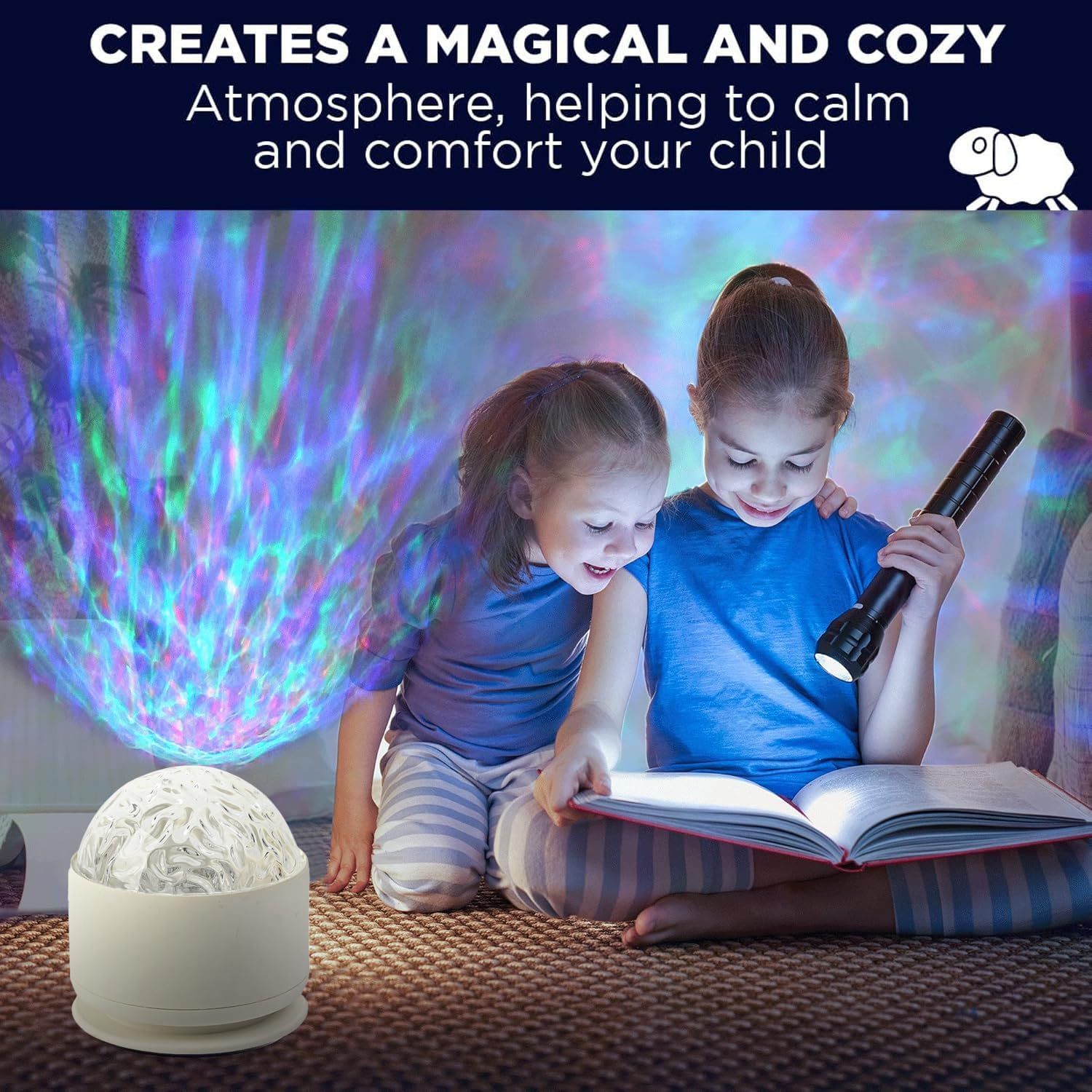 Demonstrates how the product creates a soothing, magical atmosphere with colorful light projections to help calm and comfort children at bedtime or reading…
