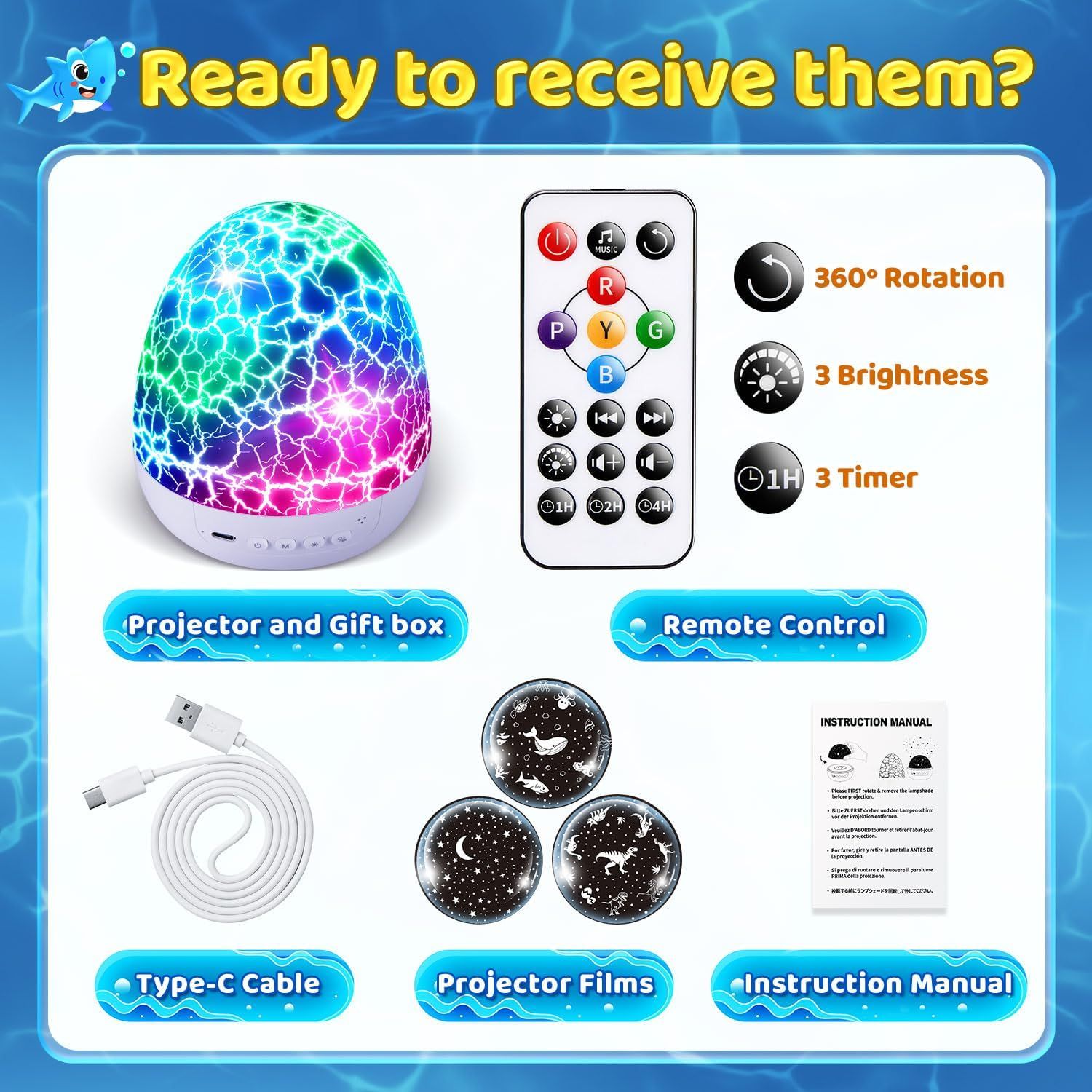 Shows everything included in the purchase: the projector with gift box, remote control with multiple functions, Type-C cable, projector films, and instruction manual to set clear expectations for…