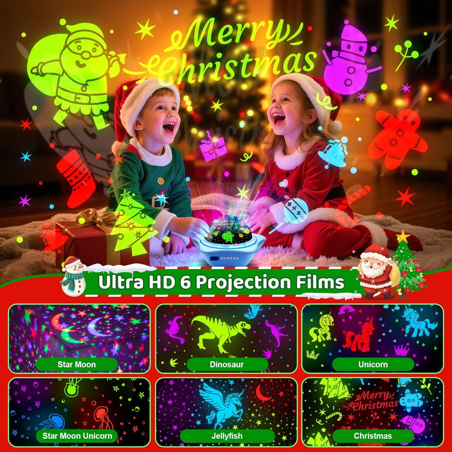 Showcases the product as a Christmas gift option with festive projection capabilities, making it relevant for holiday shopping and seasonal gifting. Displays all six projection film themes included…