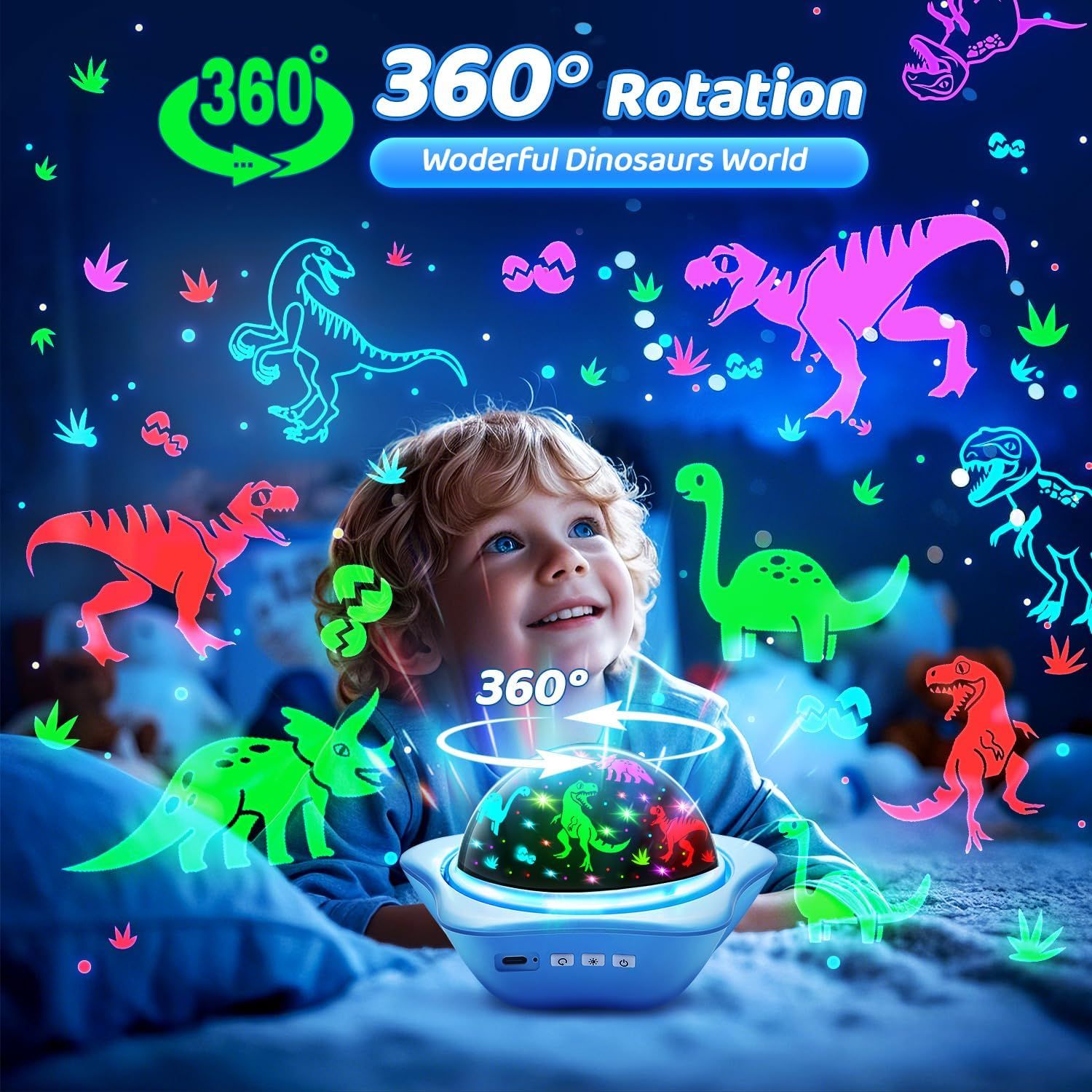 Communicates that the product projects colorful dinosaur images in a 360-degree rotating pattern, creating an immersive visual experience for children.