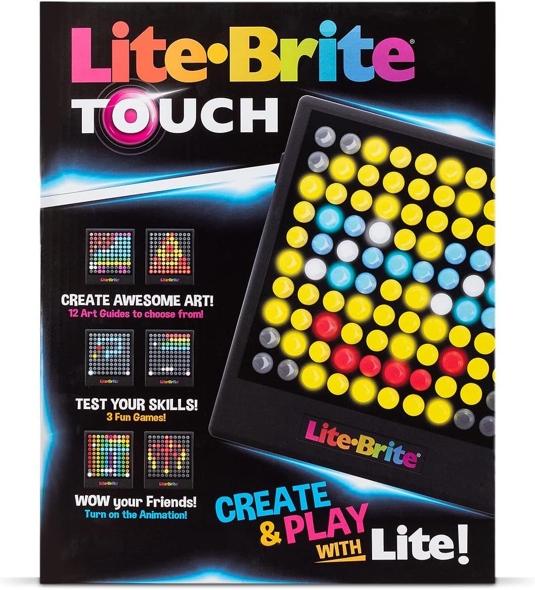 Showcases multiple features of the Lite-Brite Touch product including art creation with 12 guides, 3 fun games, and animation capabilities to demonstrate the…