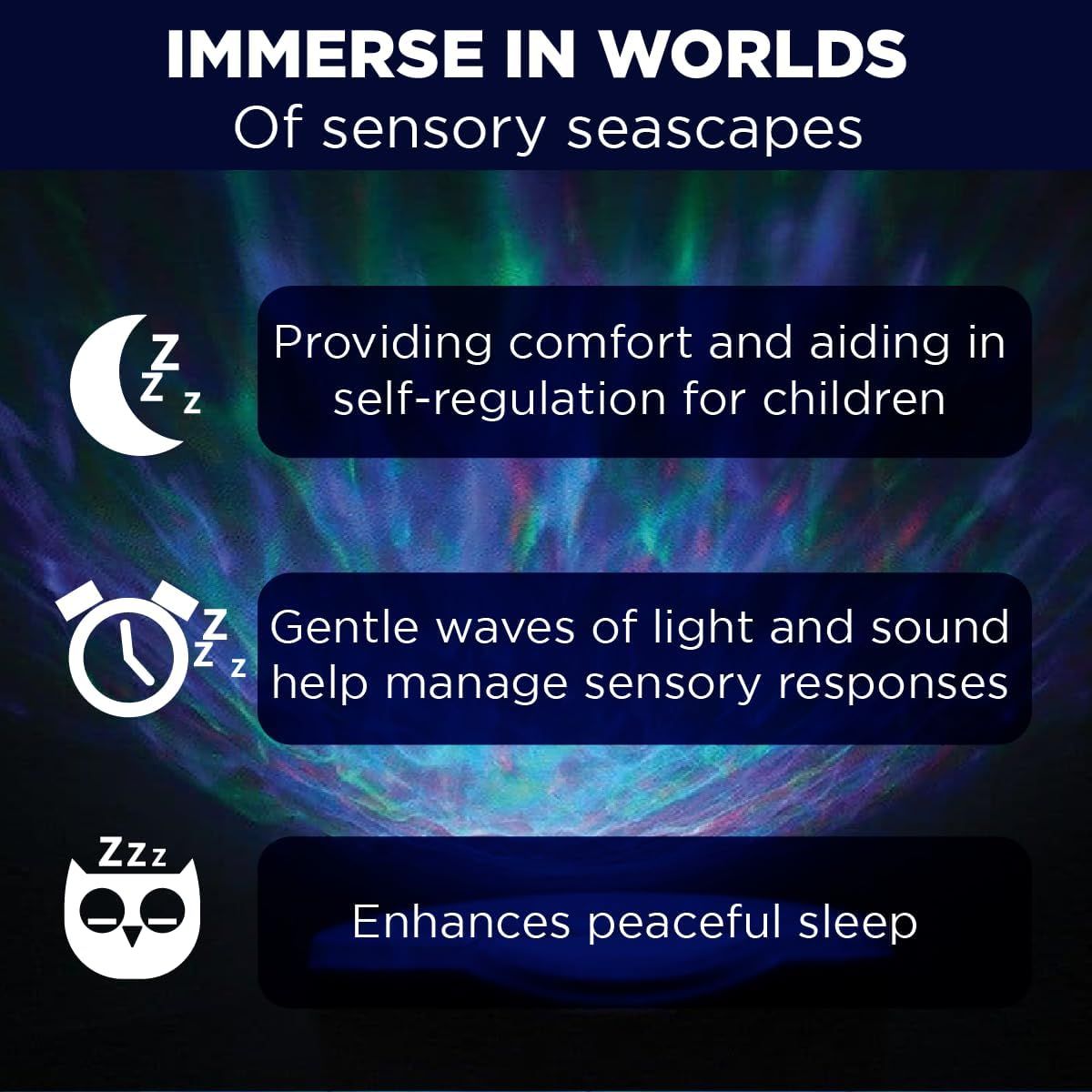 Communicates three distinct benefits of the product: providing comfort and self-regulation for children, managing sensory responses through light and sound,…