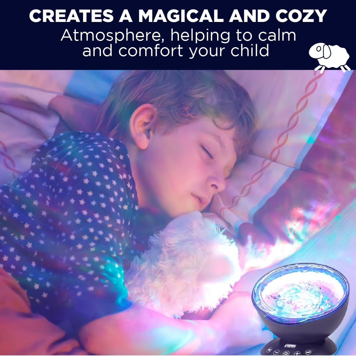 Communicates that the product creates a magical and cozy atmosphere to help calm and comfort children at bedtime.