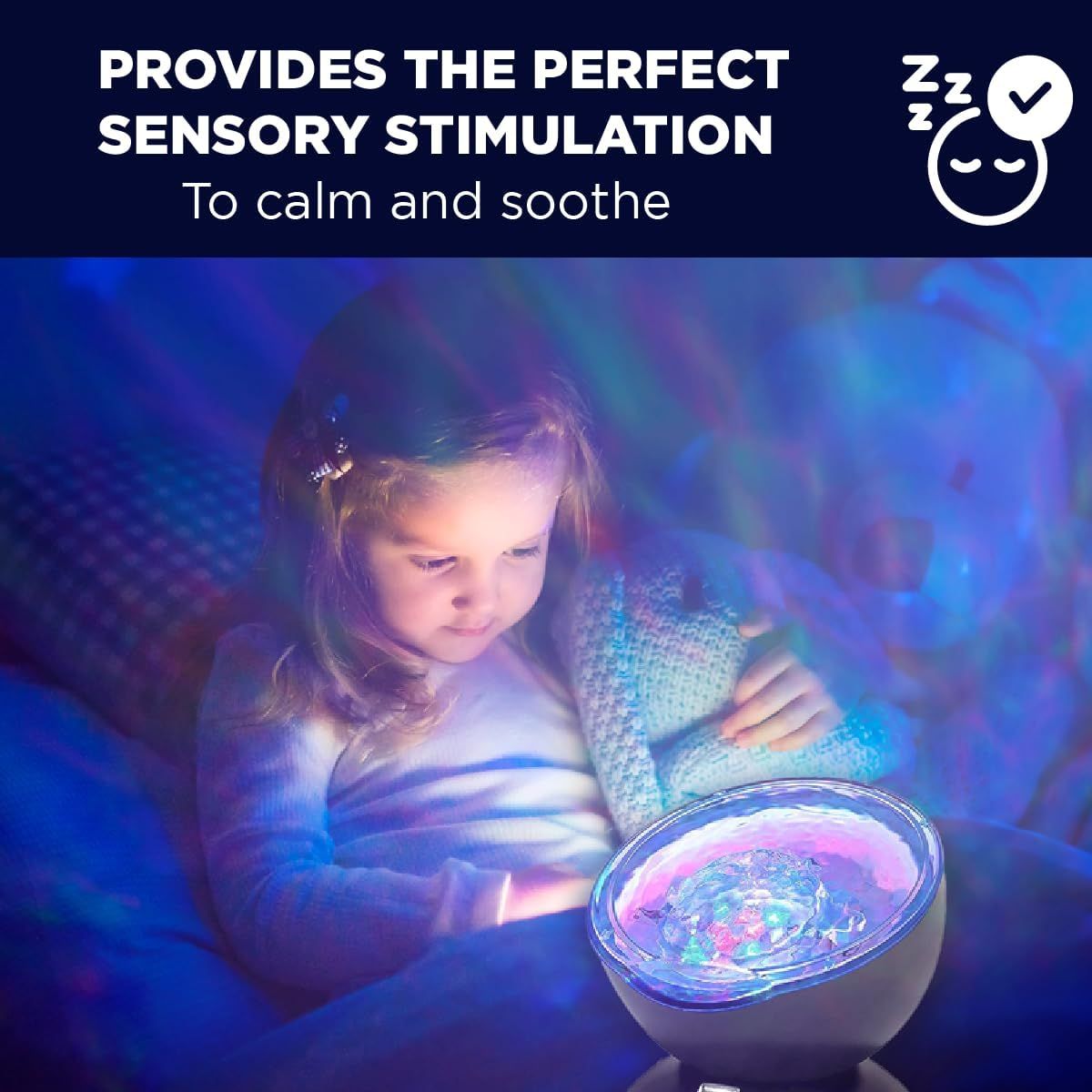 Communicates that the product provides sensory stimulation through visual light projection to help calm and soothe children, particularly for relaxation and…