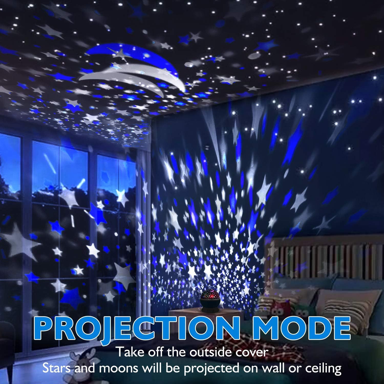 Demonstrates the product's projection capability that creates a starry night effect on walls and ceiling, showing shoppers the immersive lighting experience they can create in their room.