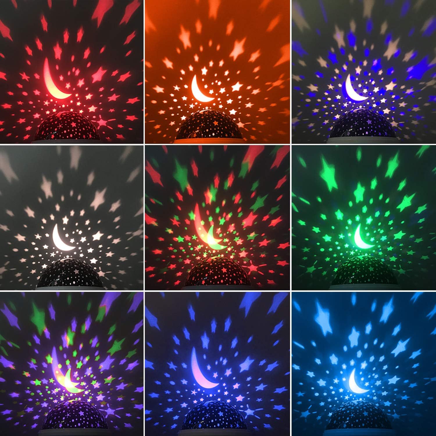 Demonstrates the variety of color modes and projection patterns available with this night light projector, helping shoppers visualize the different lighting effects they can create in their space.