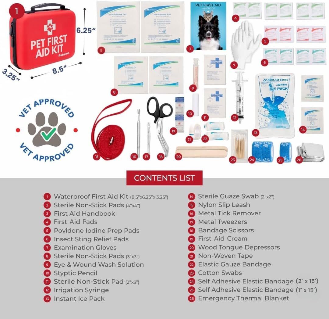 Shows everything included in the pet first aid kit so shoppers can see the full value and comprehensive range of medical supplies they will receive.