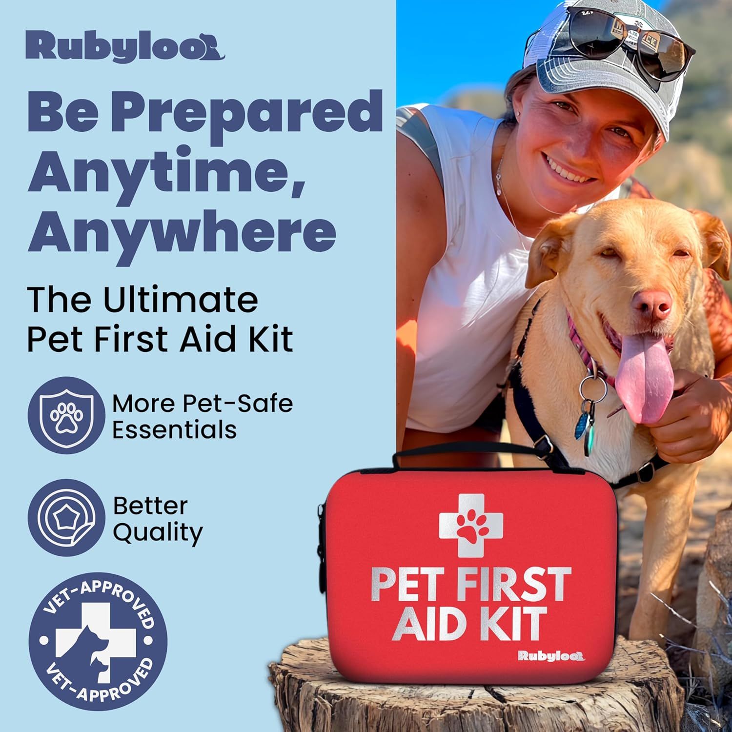 Communicates multiple selling points of the pet first aid kit including its comprehensive pet-safe contents, superior quality, and veterinary approval to reassure pet owners of its reliability and…