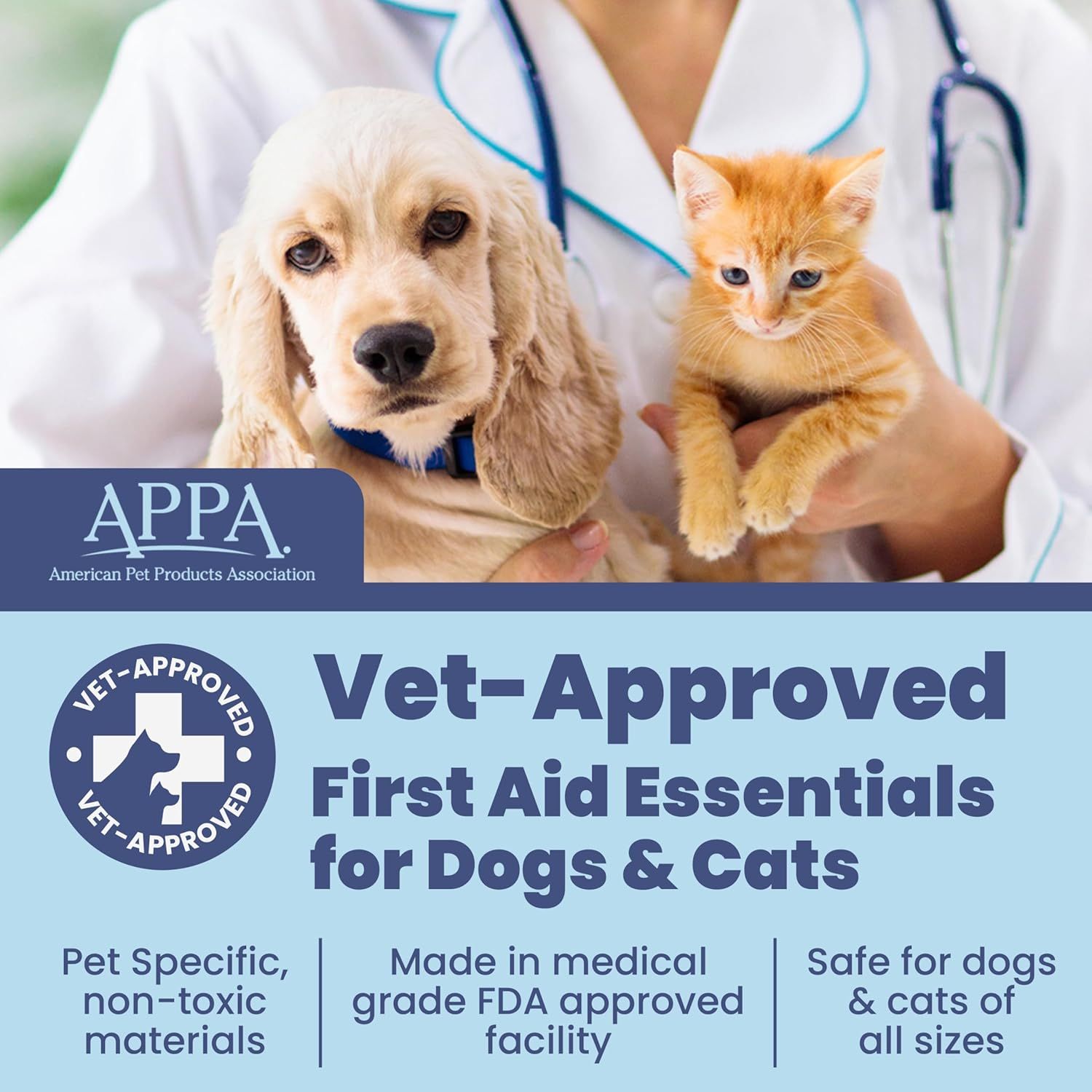 Communicates that the product is veterinarian-approved and made with pet-safe, non-toxic materials in an FDA-approved facility, reassuring pet owners about safety and quality.