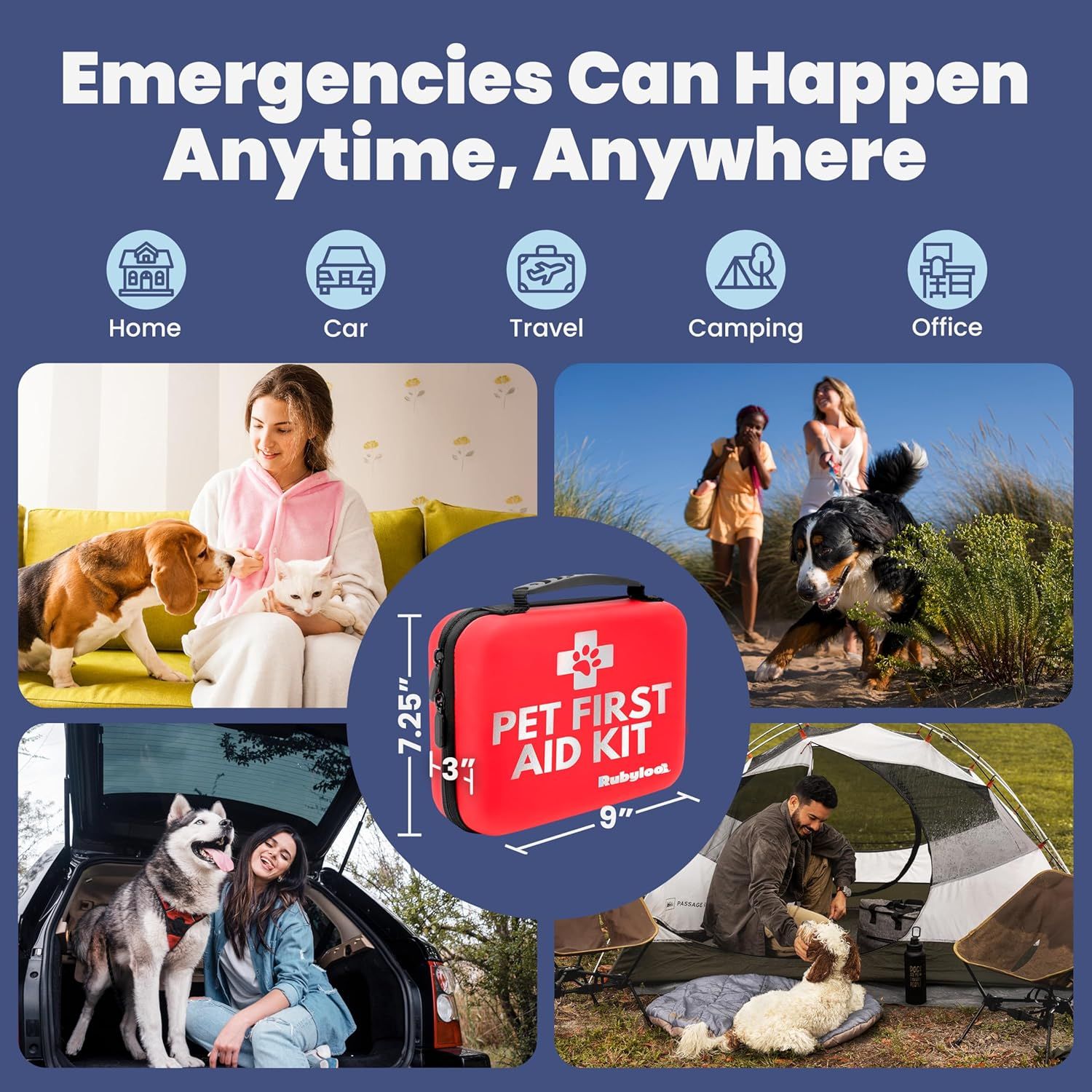 Demonstrates the versatility of the pet first aid kit by showing it can be used in multiple settings and situations, reassuring shoppers it is suitable for any emergency scenario with their pets.