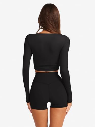 Shows how the product fits and looks from the back on a real person, helping shoppers visualize the silhouette and coverage of the activewear set.