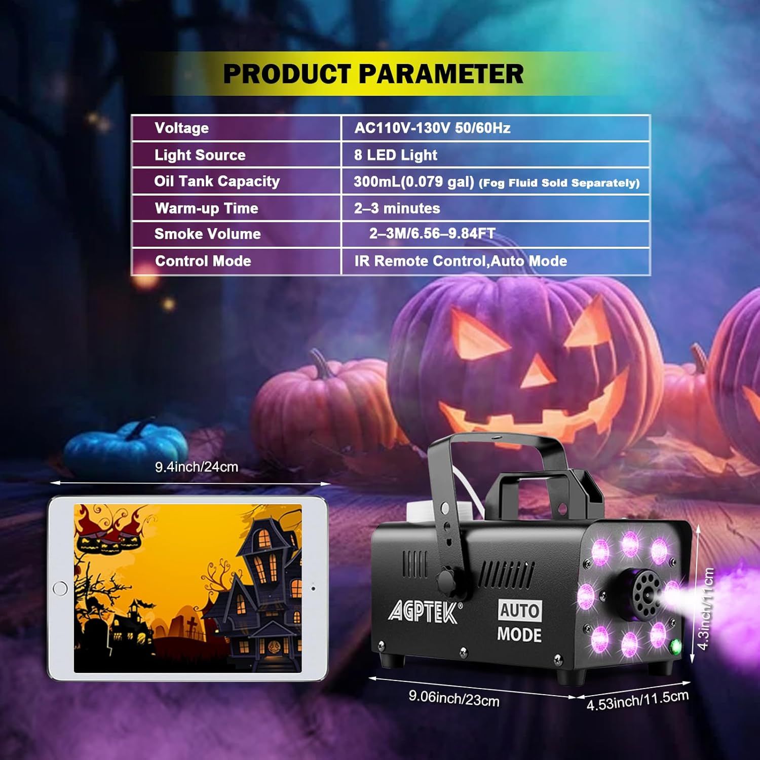 Communicates technical specifications and physical dimensions to help shoppers understand the product's capabilities and size before purchase. Shows exact measurements of the fog machine and tablet…